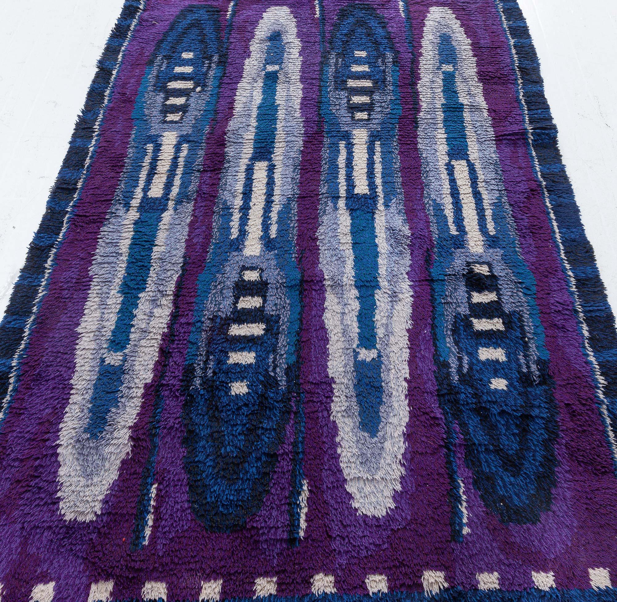 Mid-Century Modern Vintage Rya Blue and Purple Handmade Wool Rug For Sale