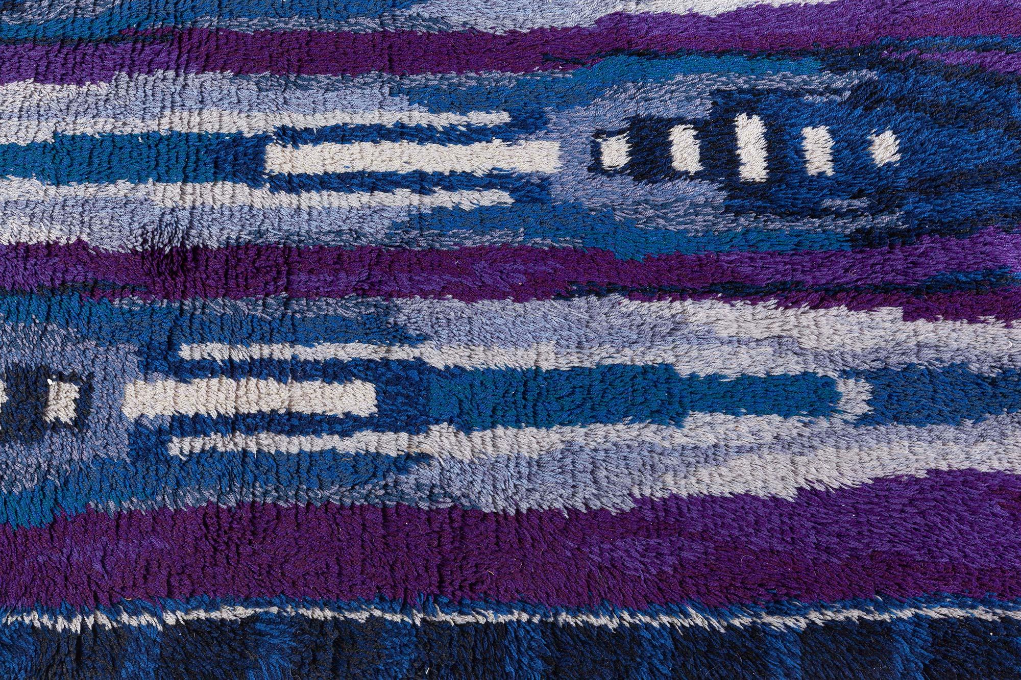 Swedish Vintage Rya Blue and Purple Handmade Wool Rug For Sale