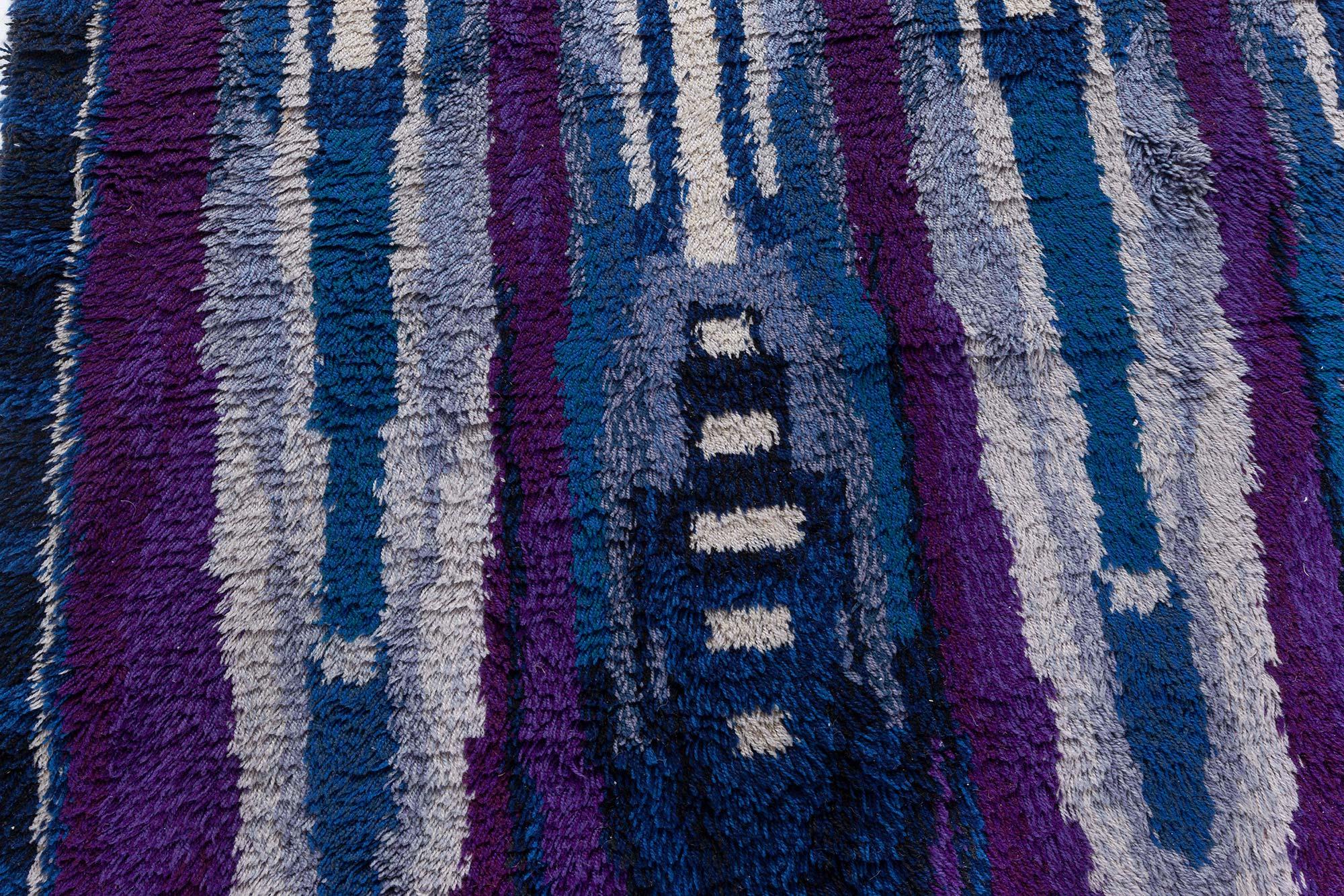 Hand-Woven Vintage Rya Blue and Purple Handmade Wool Rug For Sale