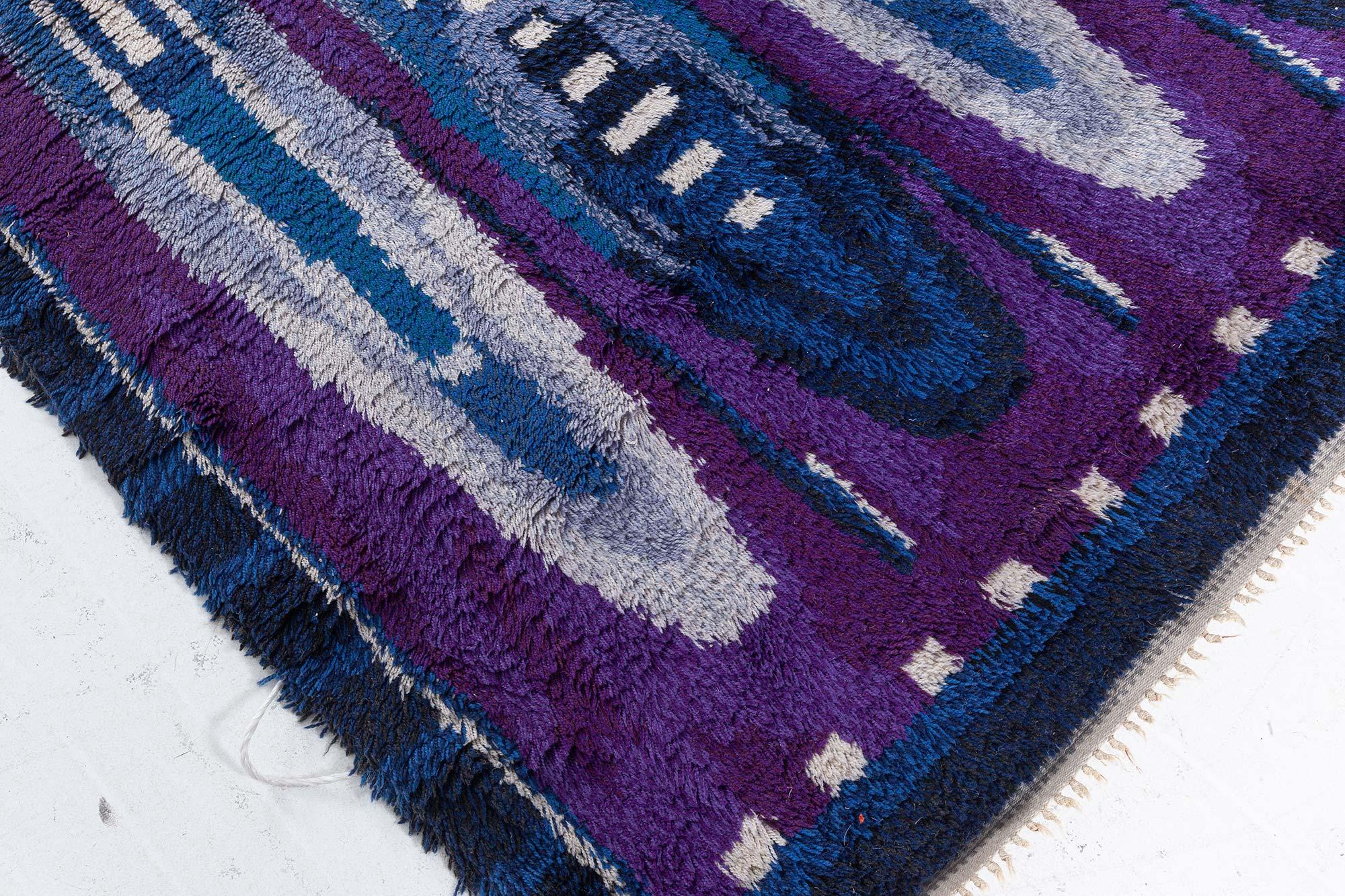 20th Century Vintage Rya Blue and Purple Handmade Wool Rug For Sale