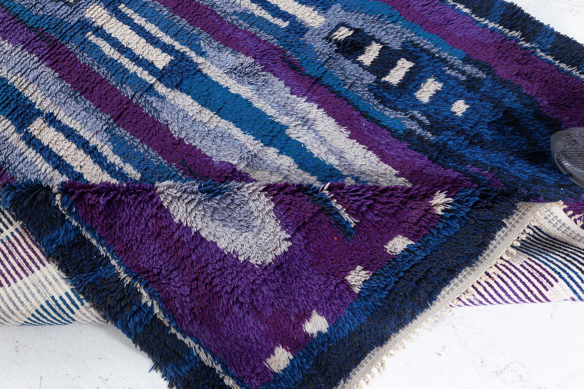 Vintage Rya Blue and Purple Handmade Wool Rug For Sale 1