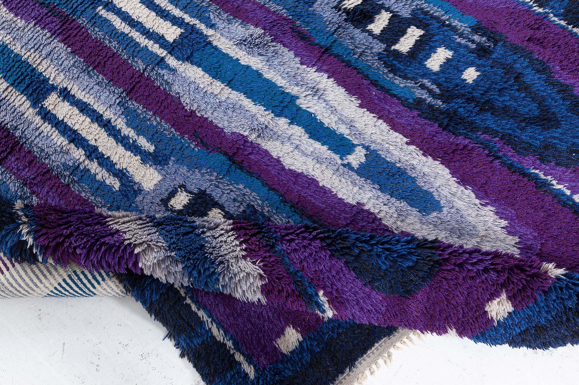 Vintage Rya Blue and Purple Handmade Wool Rug For Sale 2