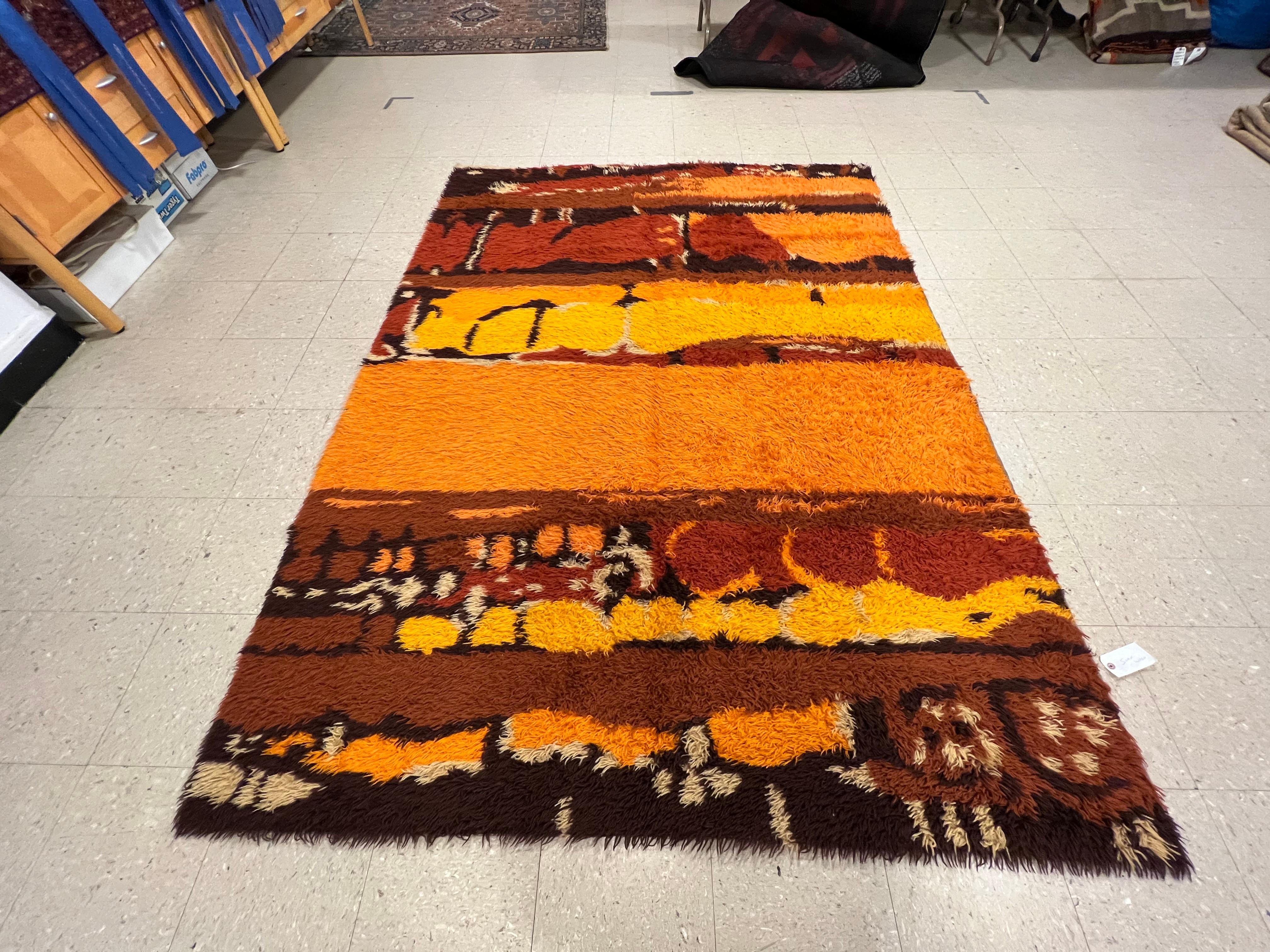 Hand-Woven Vintage Rya Handmade Carpet, Swedish Rug, Colorful and Vibrant, Wool For Sale