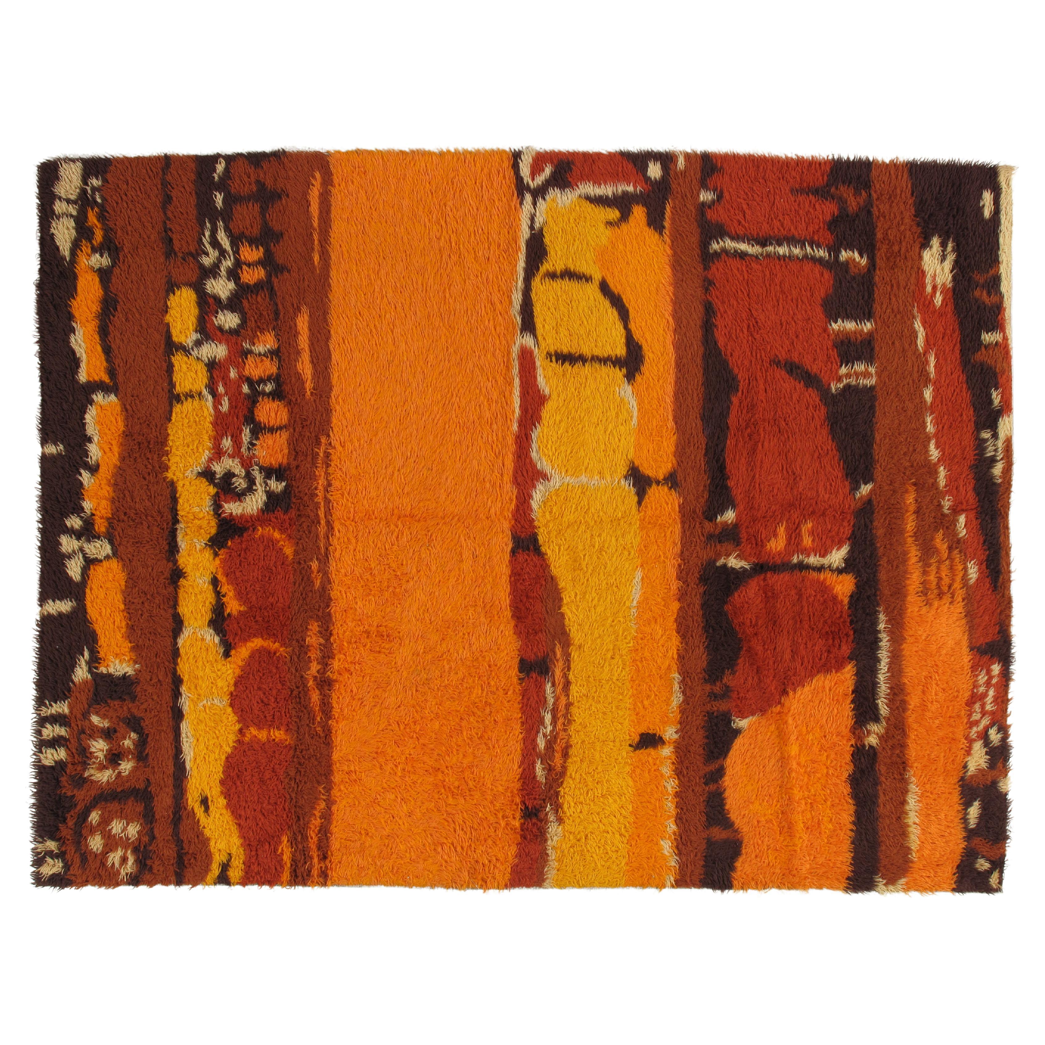 Vintage Rya Handmade Carpet, Swedish Rug, Colorful and Vibrant, Wool For Sale