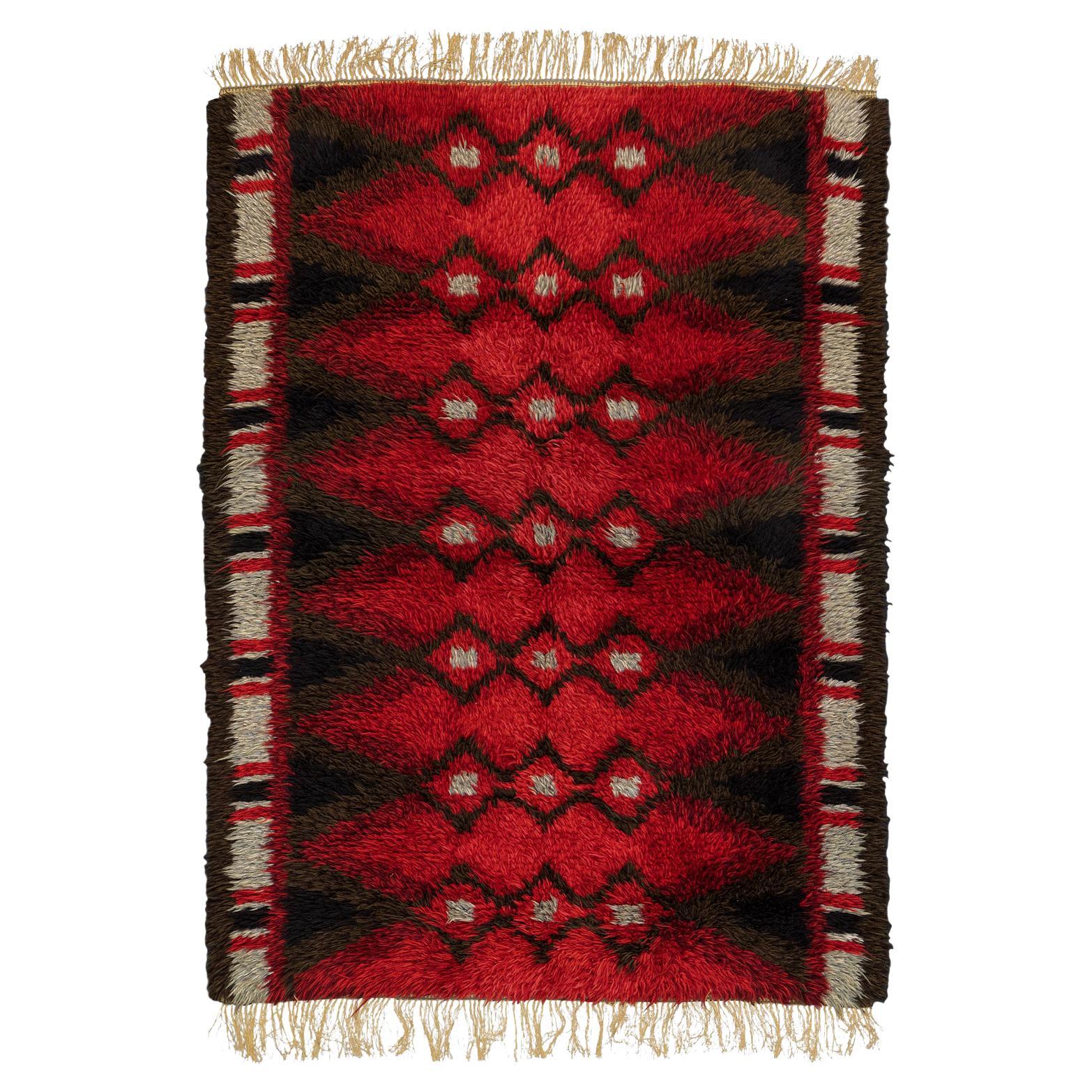  Vintage Rya Red Field Swedish Wool Rug, 1950-1970