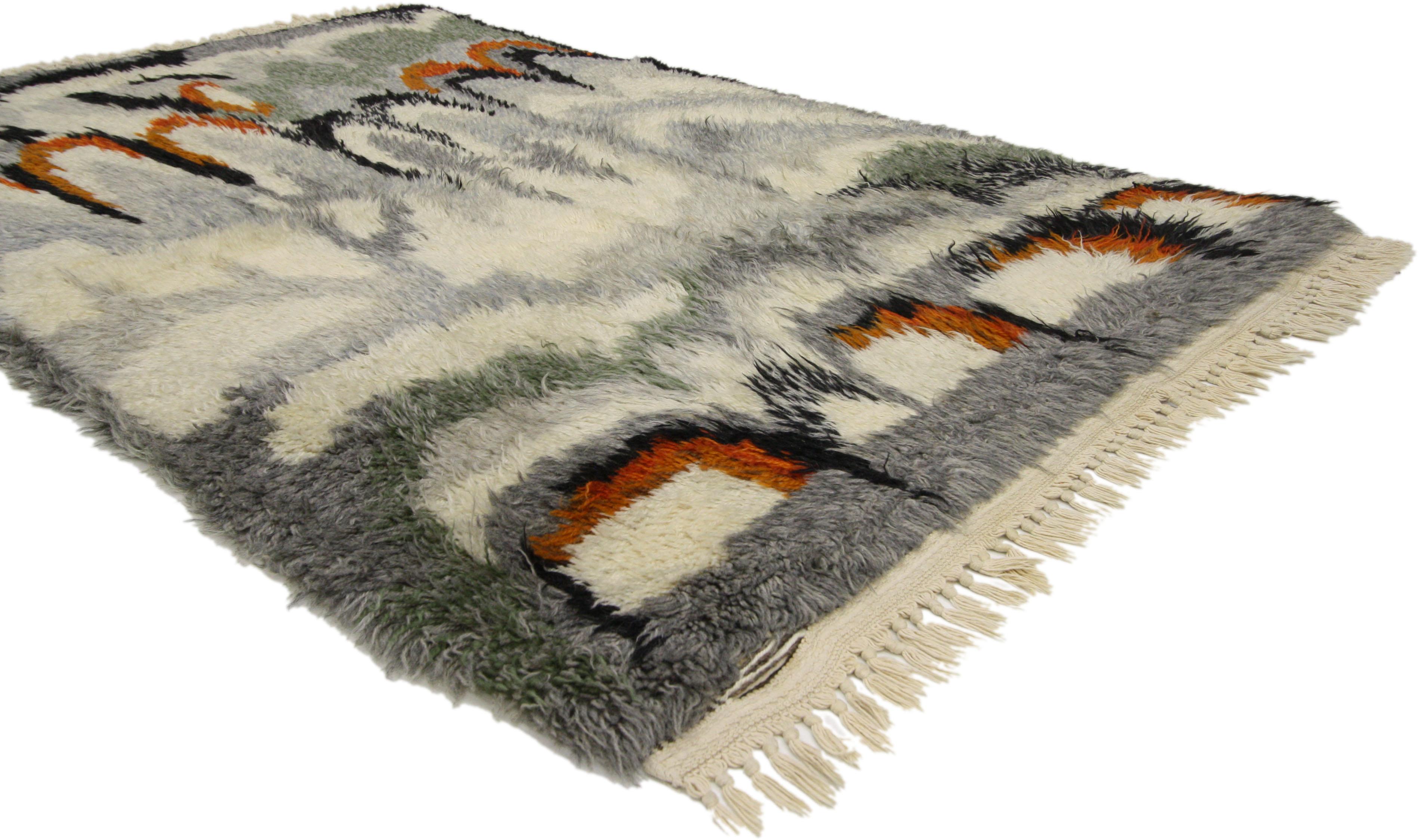 77046 Scandinavian Modern Swedish Vintage Ege Rya Rug, Danish Design Shag Tapestry. With it's abstract lunar pattern and warm earthy colors, this hand-knotted wool vintage Swedish Ege Rya rug is rich in texture and will add much needed warmth to
