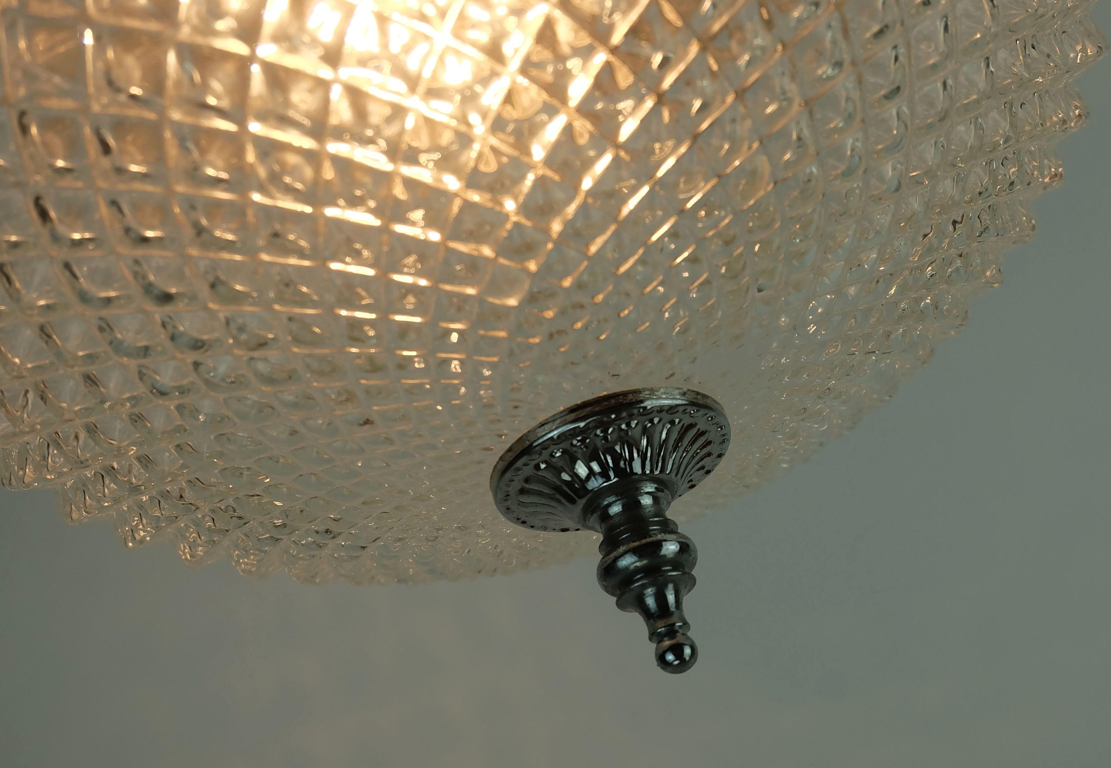 Verre Plafonnier LAMP vintage en verre texturé et chrome des années 1970 en vente