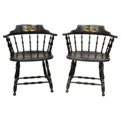Vintage S. Bent & Bros Black Painted Eagle Colonial Pub Arm Chairs - a Pair