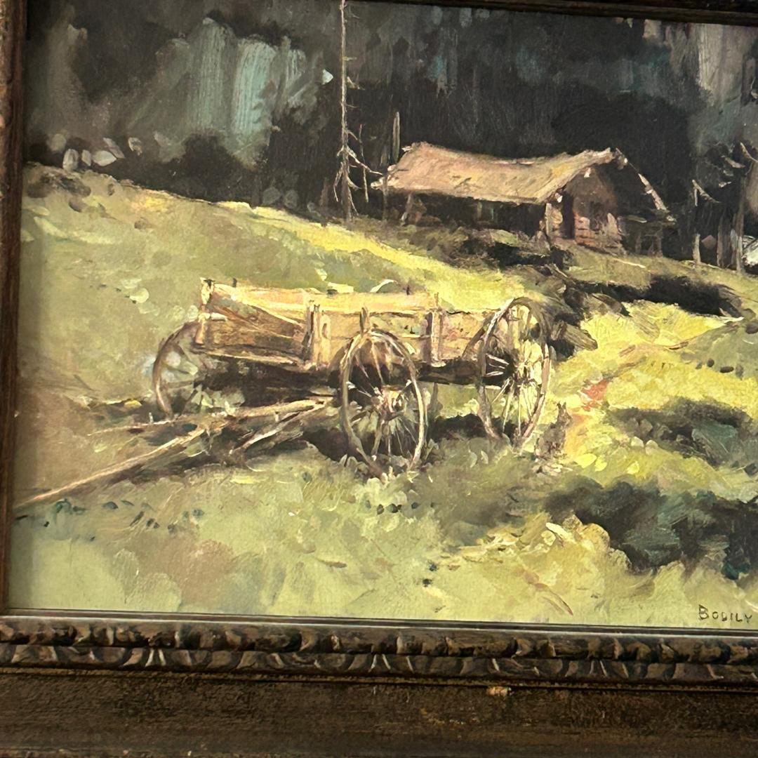 This beautiful vintage oil painting, signed by S. Bodily, depicts a stunning Western landscape. The attention to detail and use of oil production technique brings this landscape to life with muted colors and textures. 

The artist, Sheryl Bodily, is
