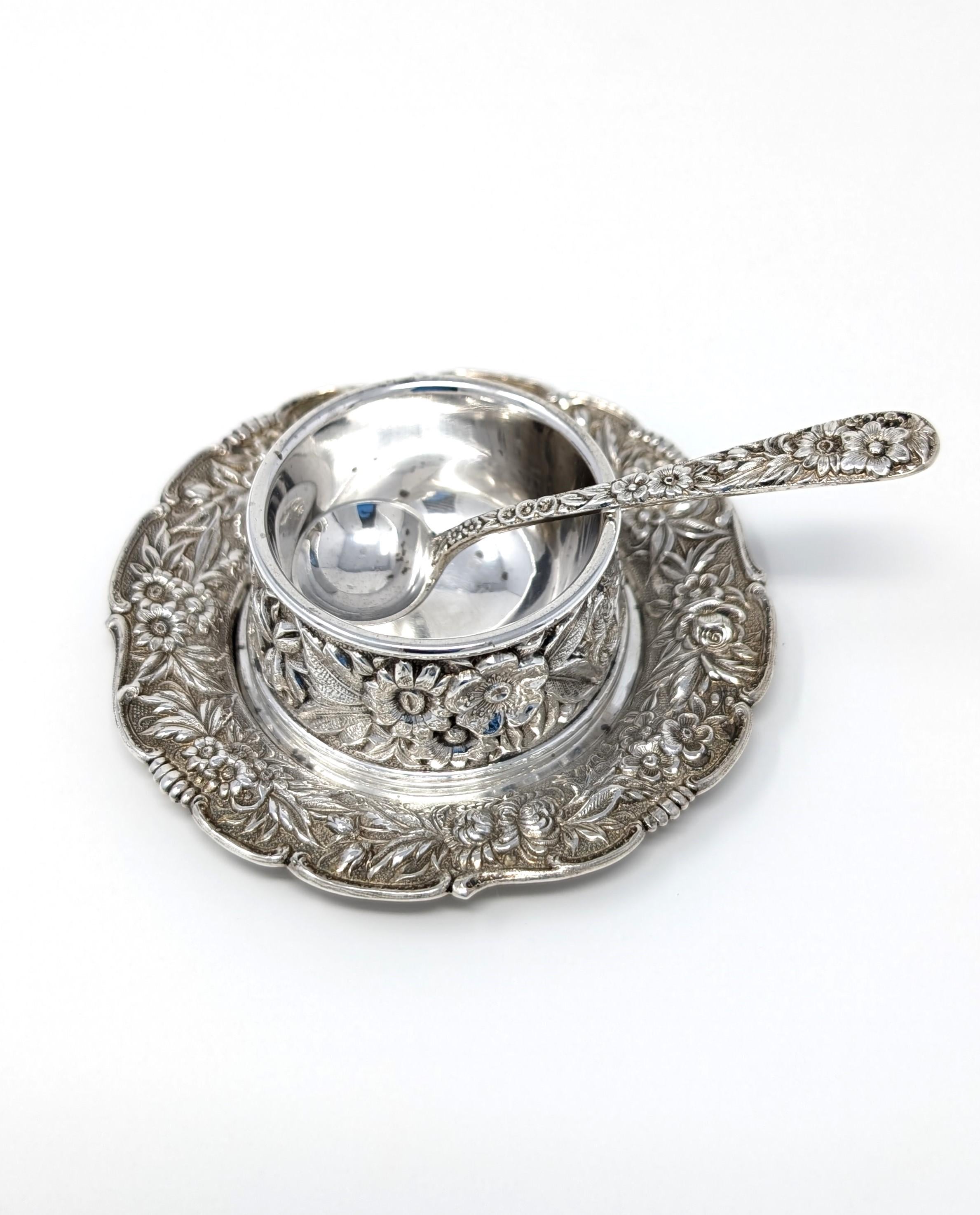 Other Vintage S. Kirk & Son 925 Sterling Silver Salt Cellar Spoon and Under Plate For Sale