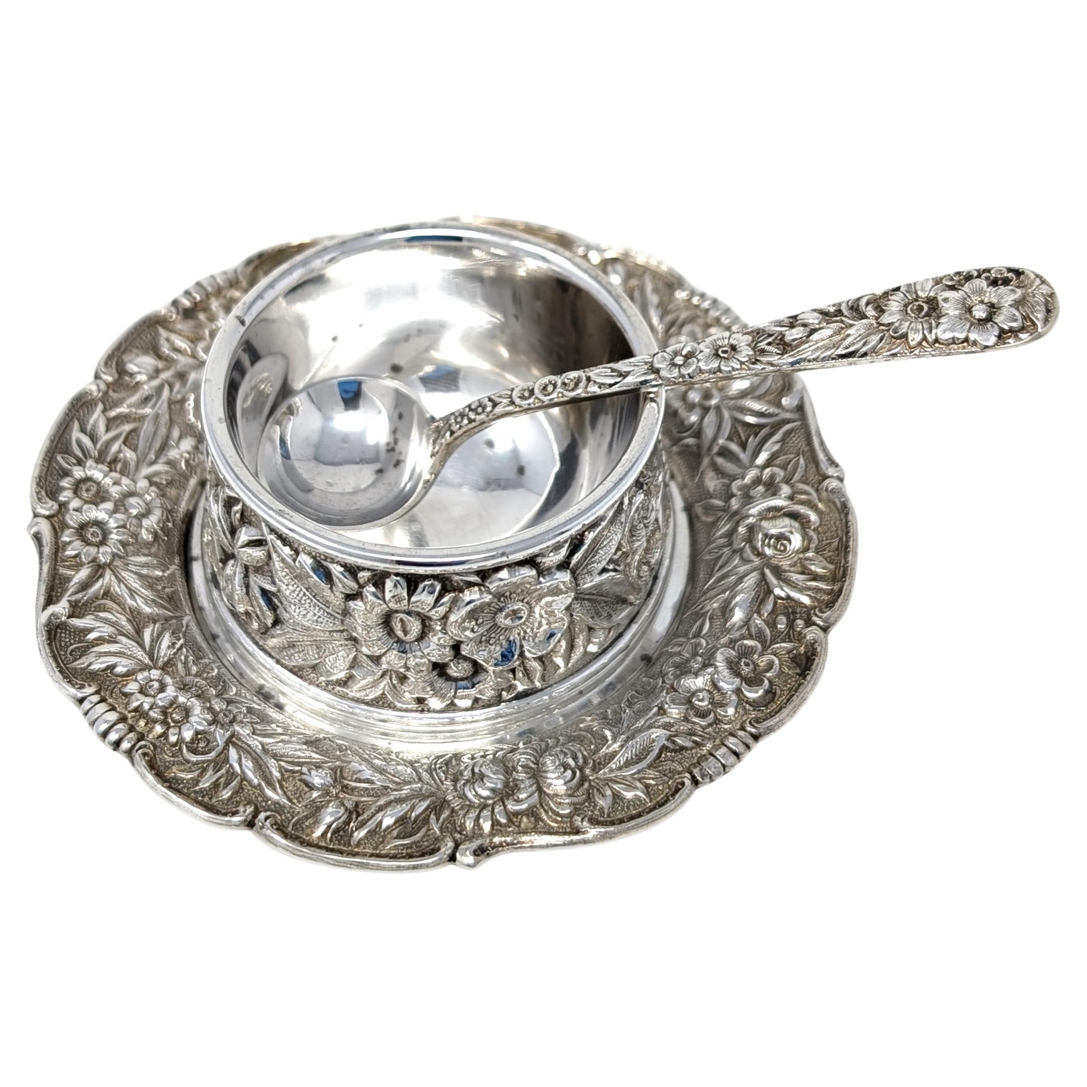 Vintage S. Kirk & Son 925 Sterling Silver Salt Cellar Spoon and Under Plate For Sale