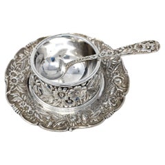 Vintage S. Kirk & Son 925 Sterling Silver Salt Cellar Spoon and Under Plate