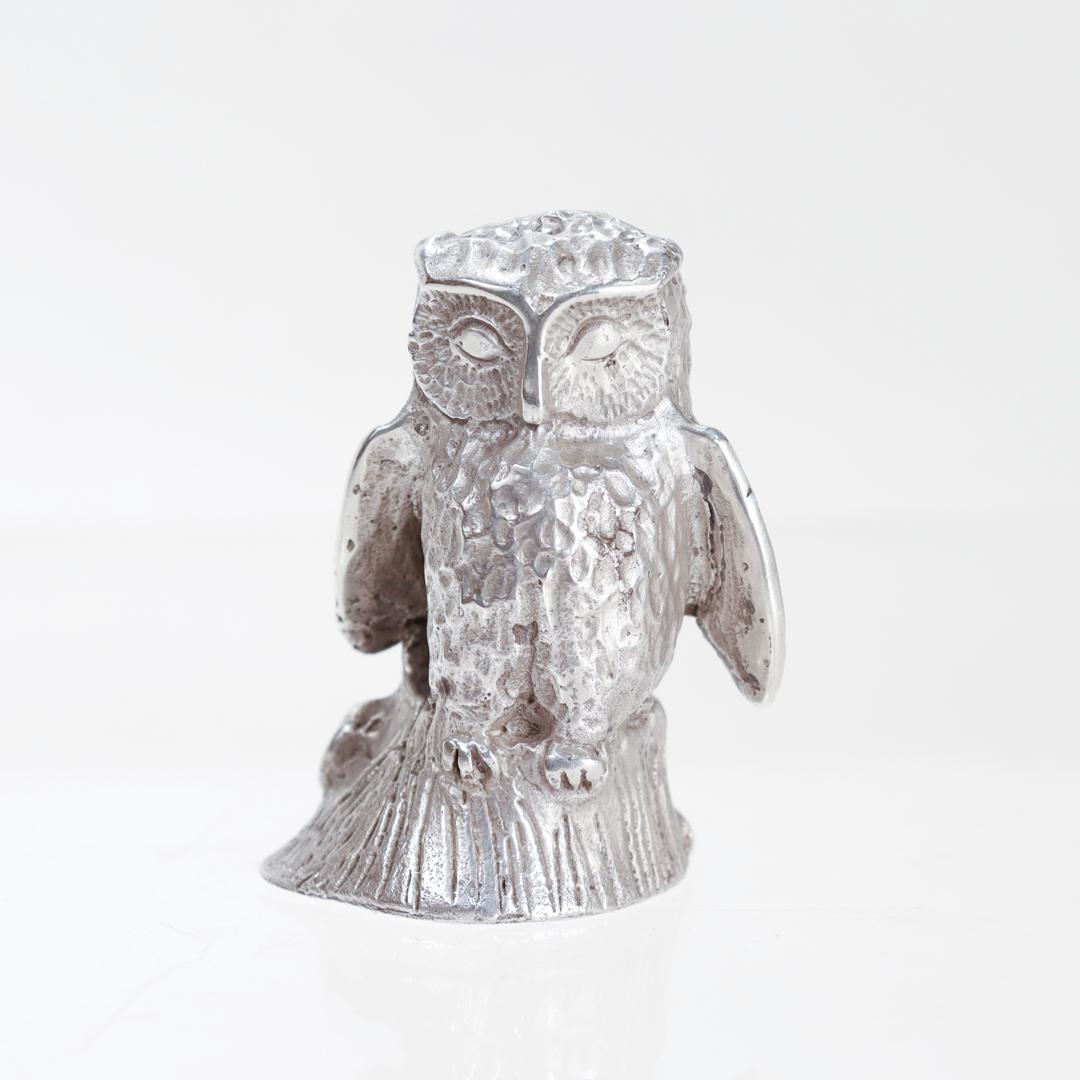By Samuel Kirk & Son.

In sterling silver.

In the form of an owl standing on the edge of a stump.

Marked to the base for for S. Kirk & Son / Sterling.

Simply a wonderful diminutive silver figurine!

Date:
20th Century

Overall Condition:
It is in