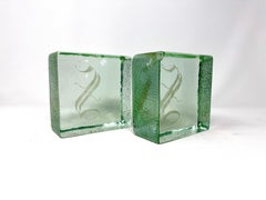 Vintage S Monogram Cast Glass Ice Cube Bookends by Blenko, Pair