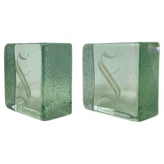 Vintage S Monogram Cast Glass Ice Cube Bookends by Blenko, Pair