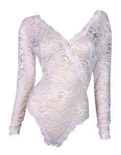 Vintage S/S 1991 Gianni Versace Sheer Ivory Plunging Lace L/S Bodysuit Top