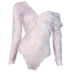 Vintage S/S 1991 Gianni Versace Sheer Ivory Plunging Lace L/S Bodysuit Top