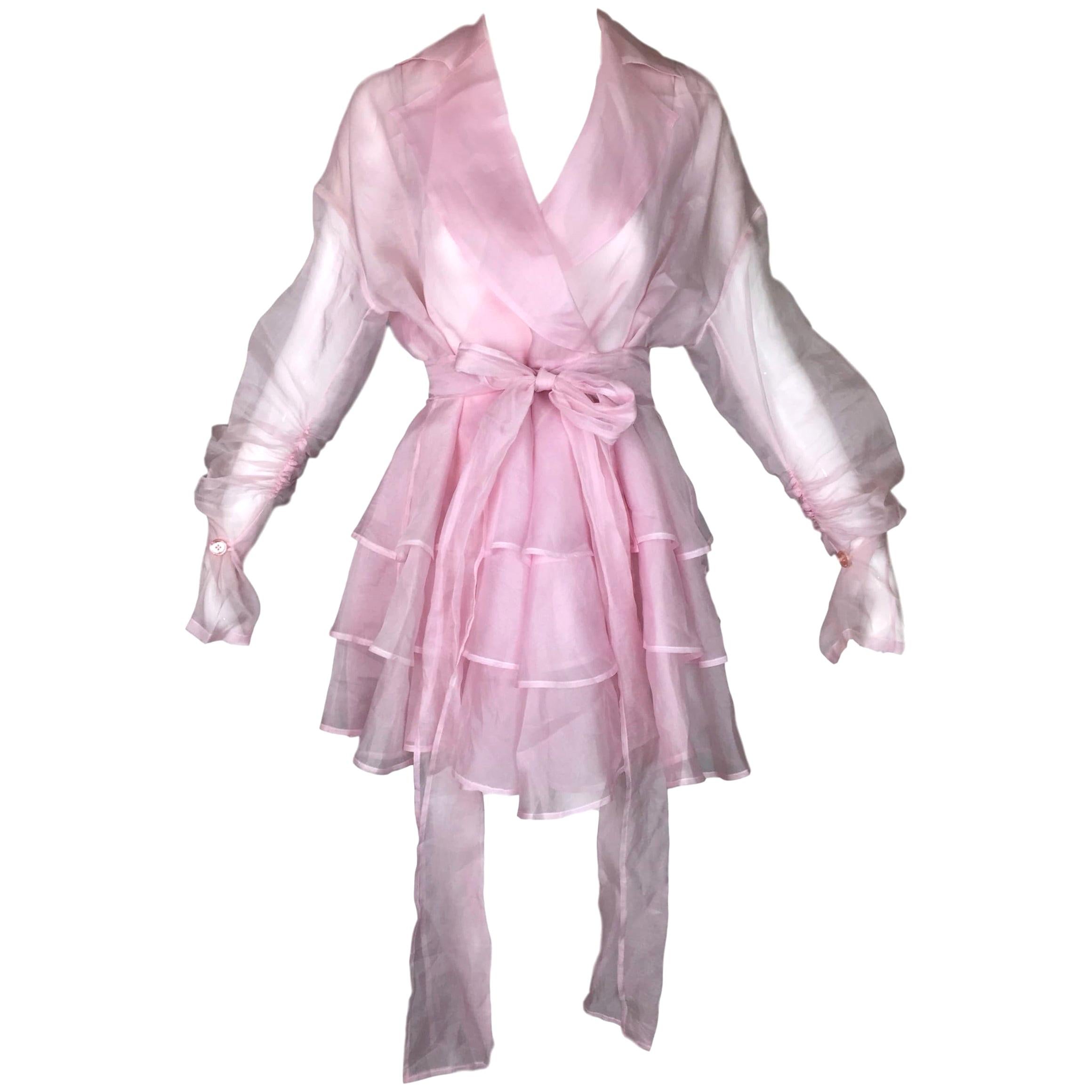 Vintage S/S 1992 Dolce & Gabbana Sheer Baby Pink Silk Ruffle Dress Jacket