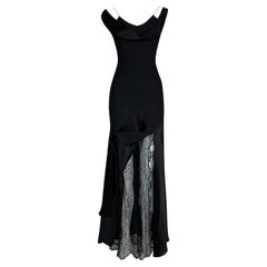 Vintage S/S 1995 John Galliano Black Satin Star High Slit Lace Gown Dress