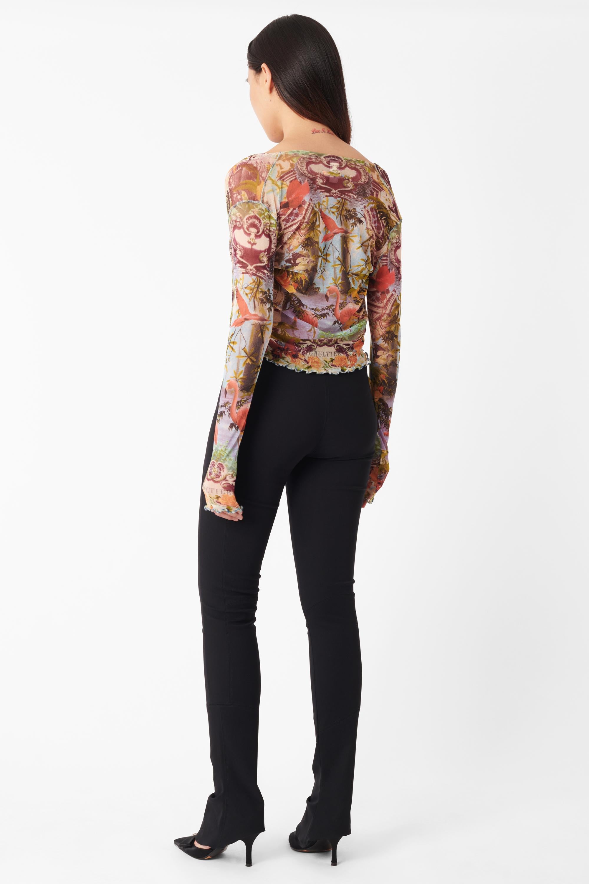 Gray Vintage S/S 1999 Flamingo Print Mesh Long Sleeve Top