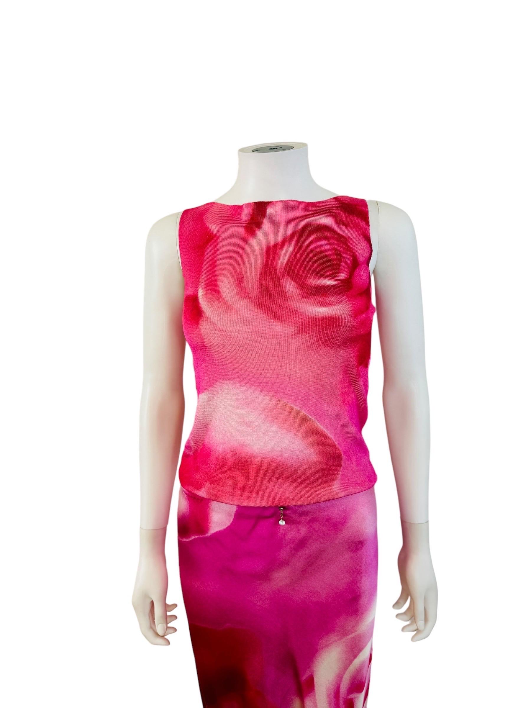 Women's Vintage S/S 2000 Roberto Cavalli Oversized Pink Roses Floral Silk Skirt Set Midi