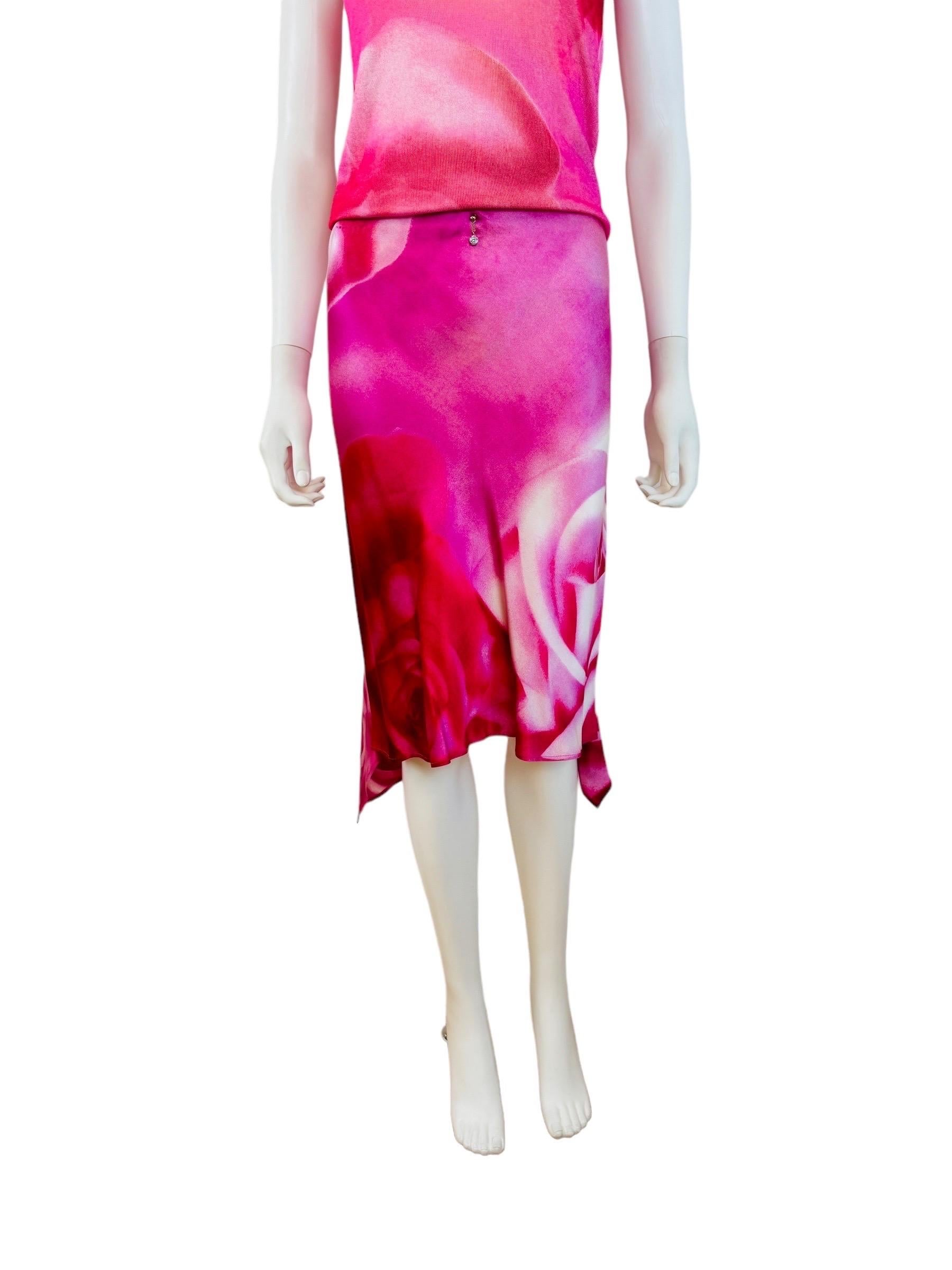 Vintage S/S 2000 Roberto Cavalli Oversized Pink Roses Floral Silk Skirt Set Midi 1