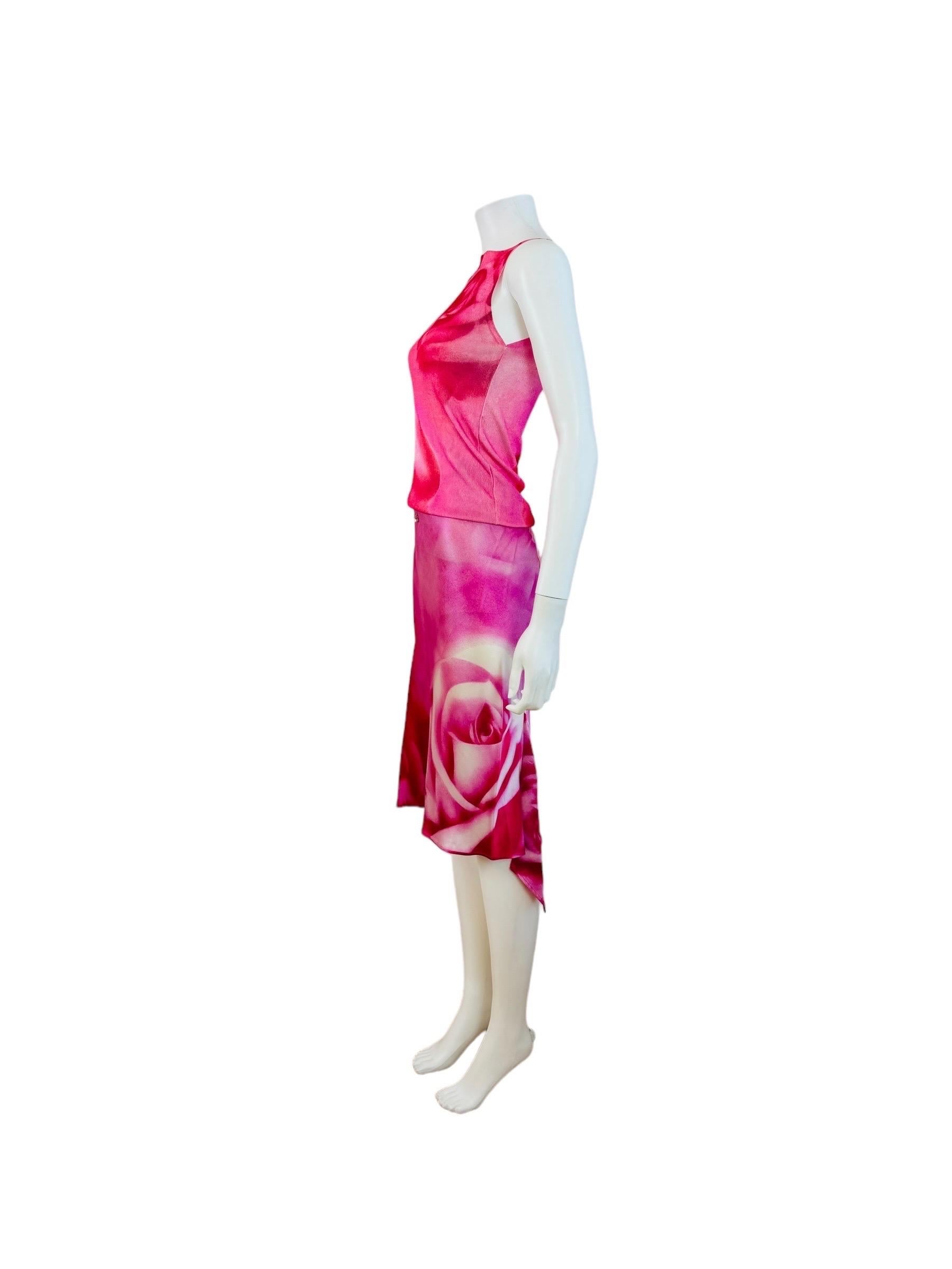 Vintage S/S 2000 Roberto Cavalli Oversized Pink Roses Floral Silk Skirt Set Midi 2