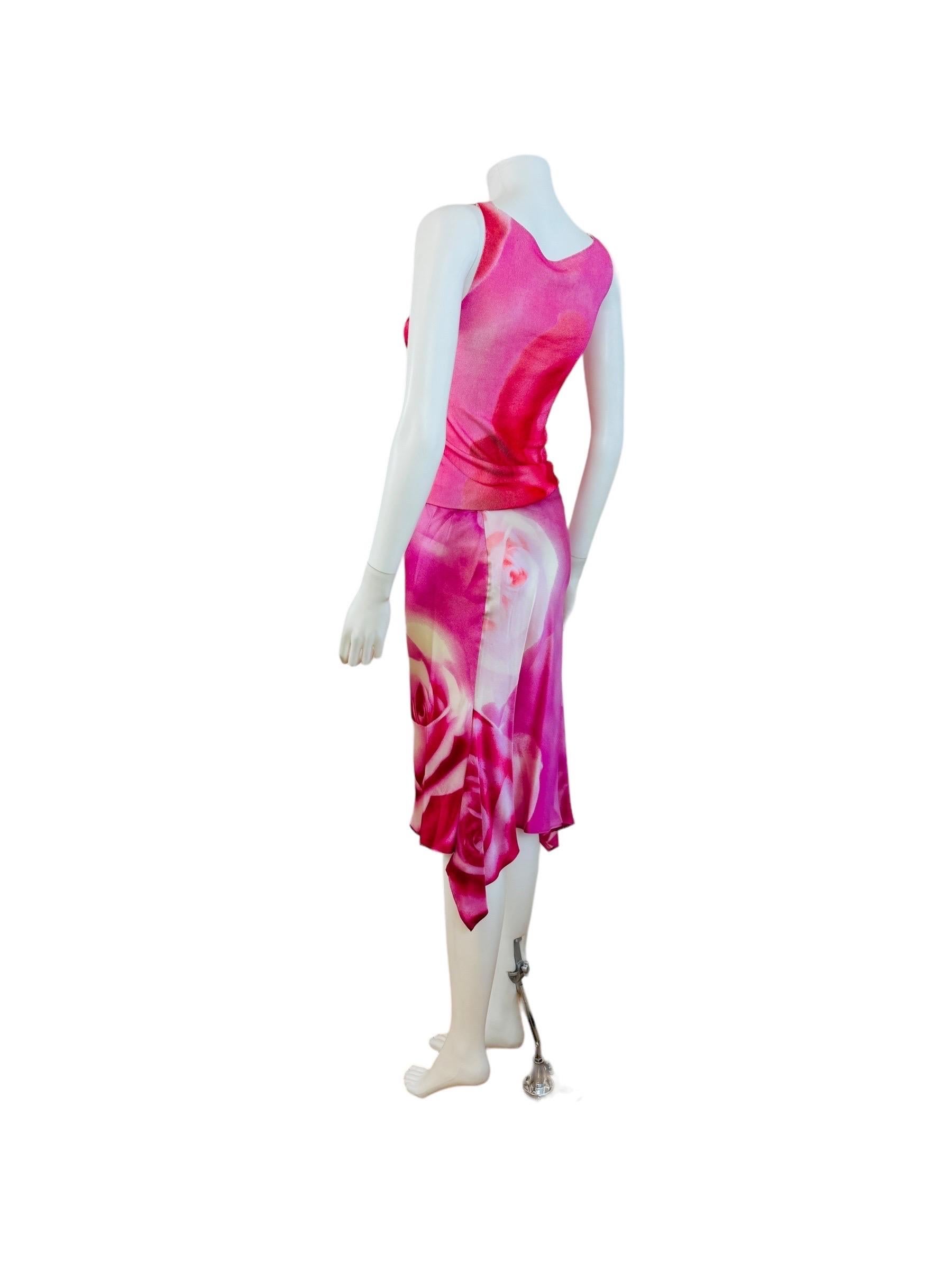 Vintage S/S 2000 Roberto Cavalli Oversized Pink Roses Floral Silk Skirt Set Midi 3