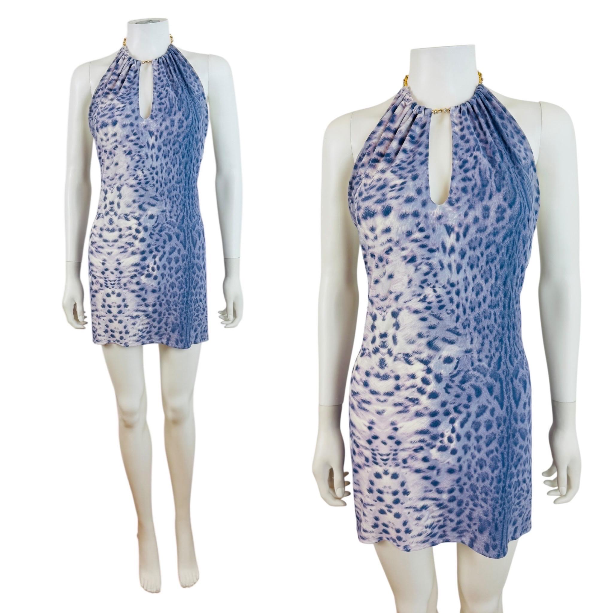 Vintage S/S 2000 Roberto Cavalli dress
Purple leopard cheetah animal print fabric
Halter neckline with gold + rhinestone style choker collar
Keyhole cut out at the neckline with gathered details at the collar
Fitted style
Darts at the bust
Mini