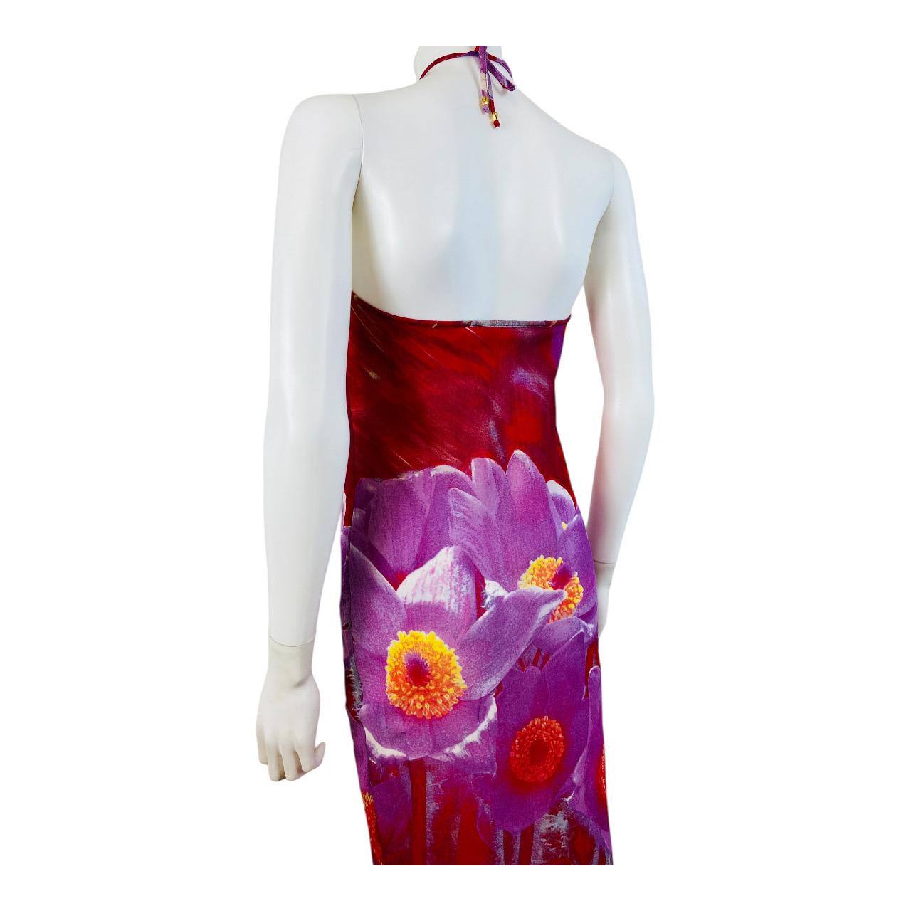Vintage S/S 2000 Y2K Roberto Cavalli Red + Purple Floral Print Halter Midi Dress For Sale 6