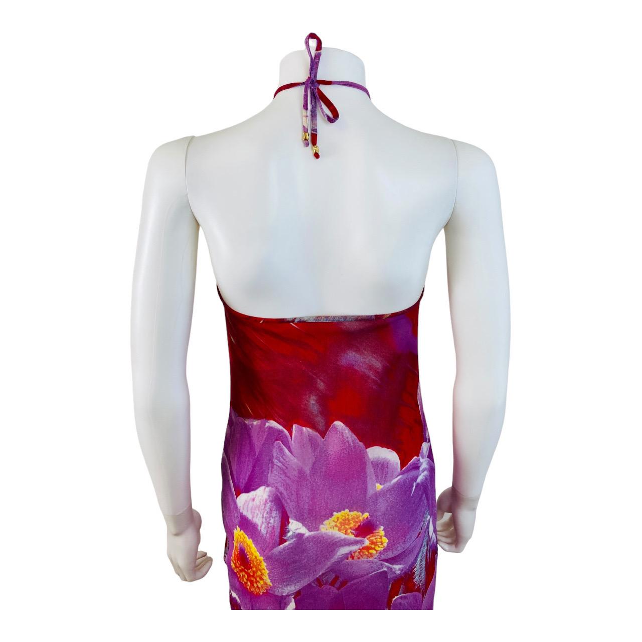 Vintage S/S 2000 Y2K Roberto Cavalli Red + Purple Floral Print Halter Midi Dress For Sale 7