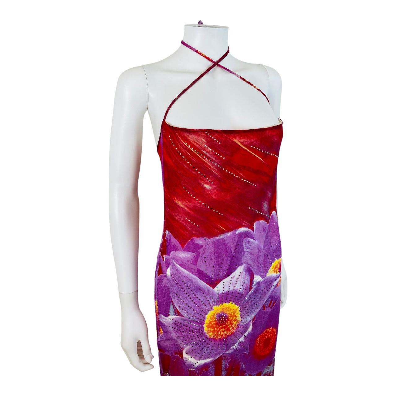 Vintage S/S 2000 Y2K Roberto Cavalli Red + Purple Floral Print Halter Midi Dress In Excellent Condition For Sale In Denver, CO