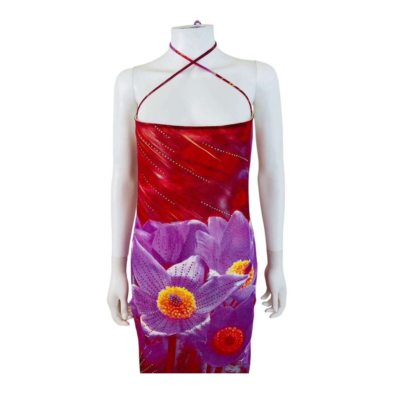 Women's Vintage S/S 2000 Y2K Roberto Cavalli Red + Purple Floral Print Halter Midi Dress For Sale