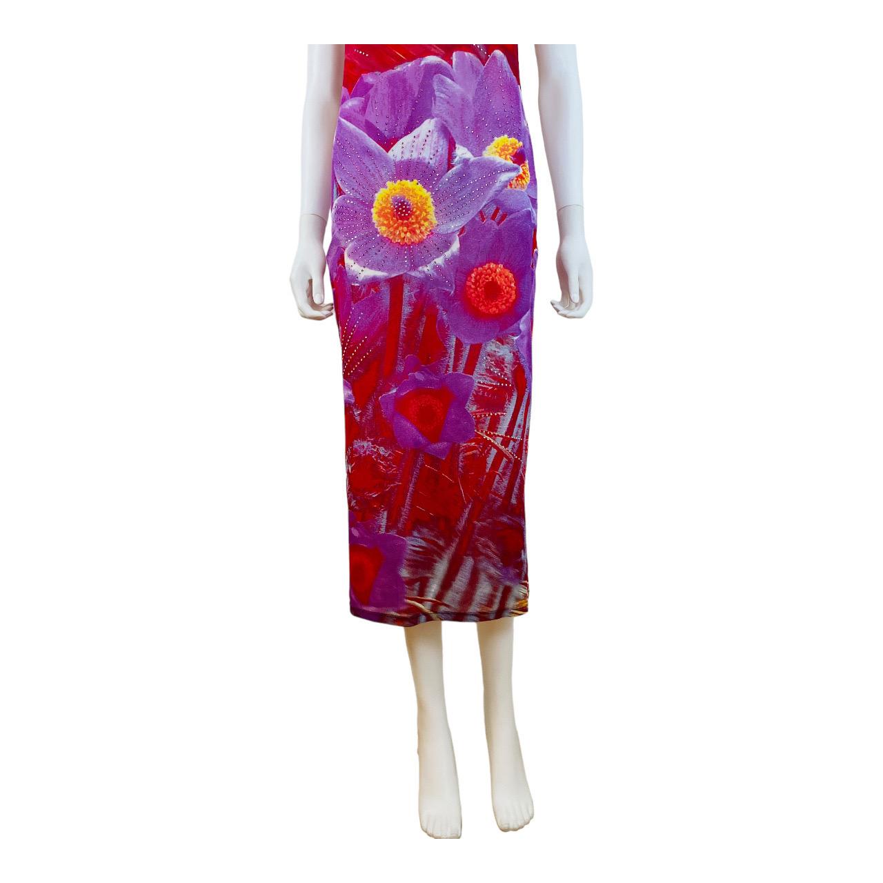 Vintage S/S 2000 Y2K Roberto Cavalli Red + Purple Floral Print Halter Midi Dress For Sale 1