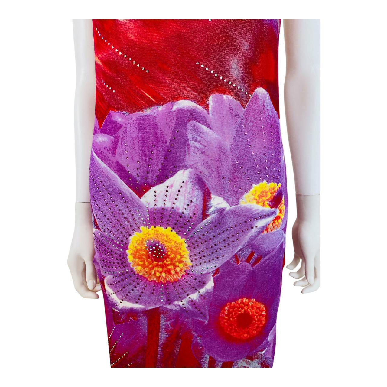 Vintage S/S 2000 Y2K Roberto Cavalli Red + Purple Floral Print Halter Midi Dress en vente 2