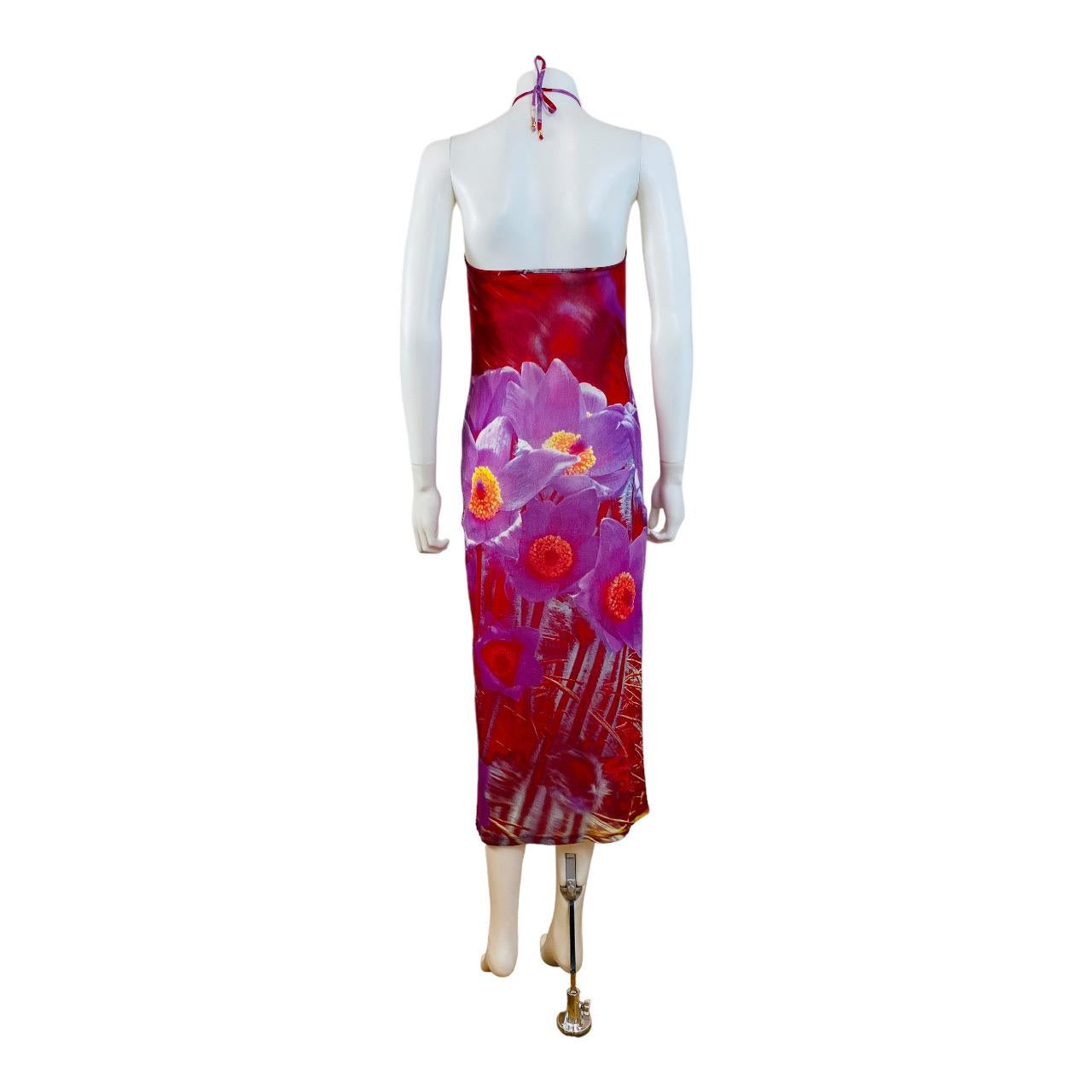 Vintage S/S 2000 Y2K Roberto Cavalli Red + Purple Floral Print Halter Midi Dress For Sale 5
