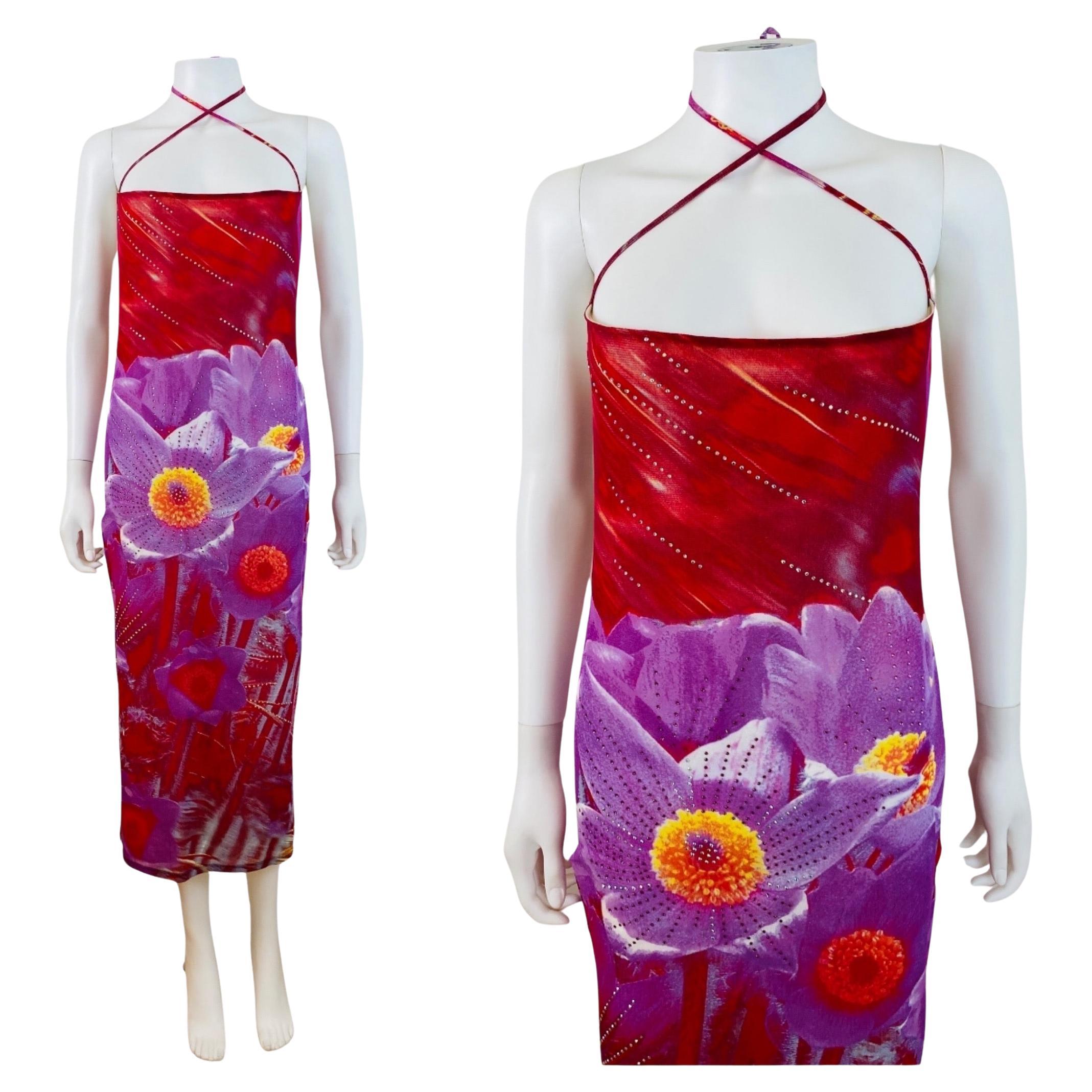 Vintage S/S 2000 Y2K Roberto Cavalli Red + Purple Floral Print Halter Midi Dress For Sale