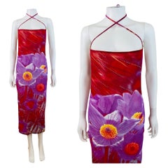 Vintage F/S 2000 Y2K Roberto Cavalli Rot + Lila Floral Print Neckholder-Midikleid mit Blumendruck