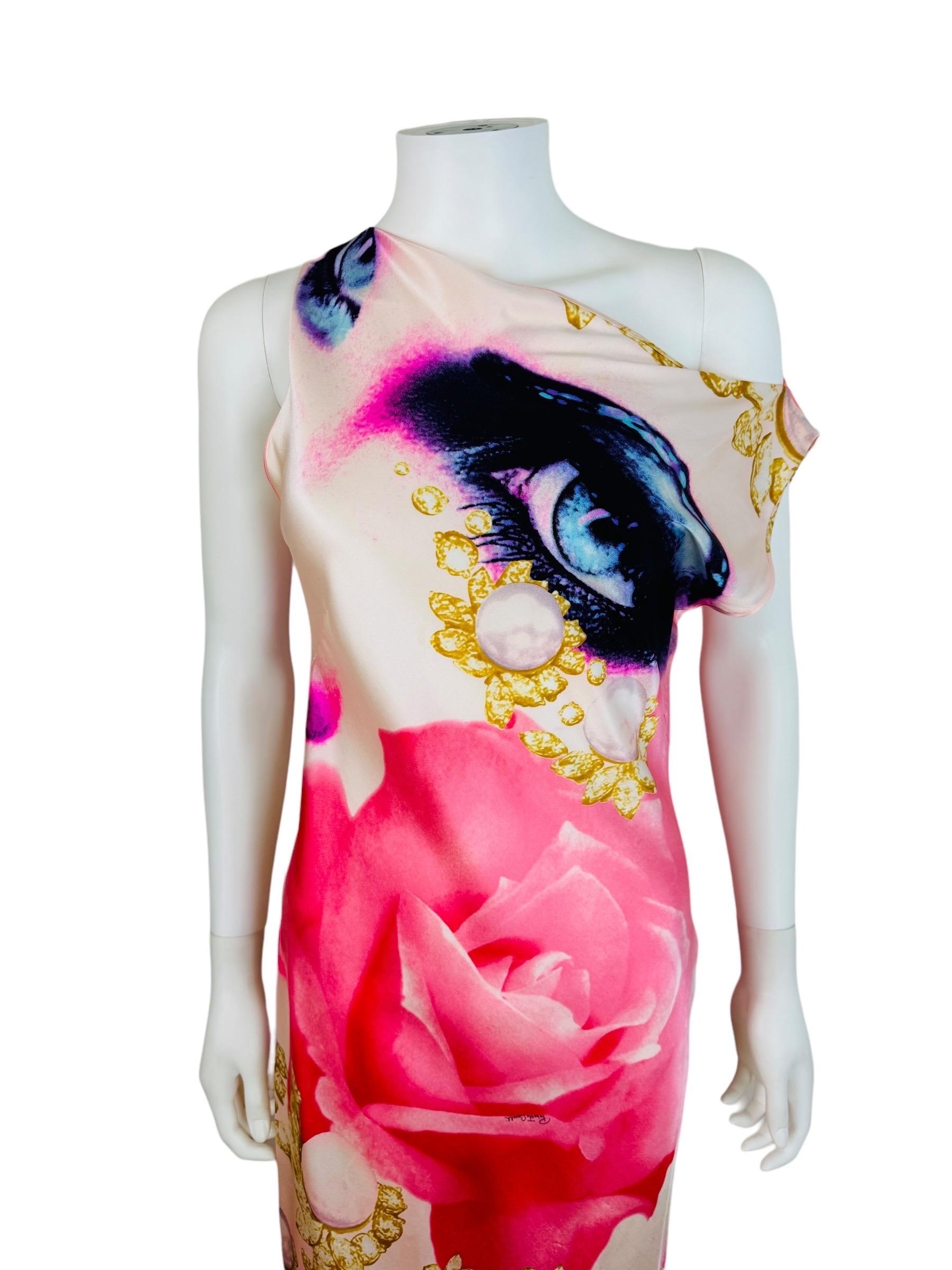Beige Vintage S/S 2001 Y2K Roberto Cavalli Elizabeth Taylor Eye Silk Midi Dress in vendita
