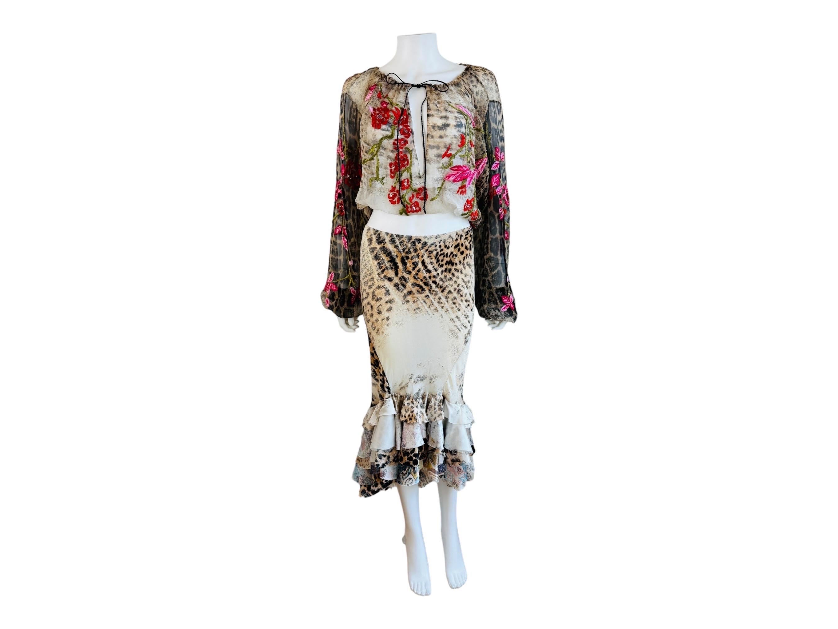 Vintage S/S 2002 Roberto Cavalli Leopard Floral Embroidery Silk Top + Skirt Set 5