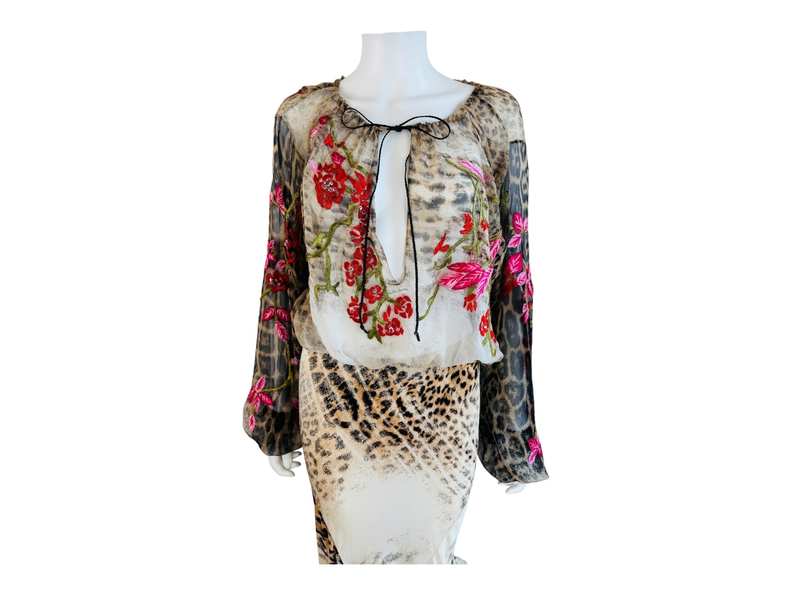 Vintage S/S 2002 Roberto Cavalli Leopard Floral Embroidery Silk Top + Skirt Set 6
