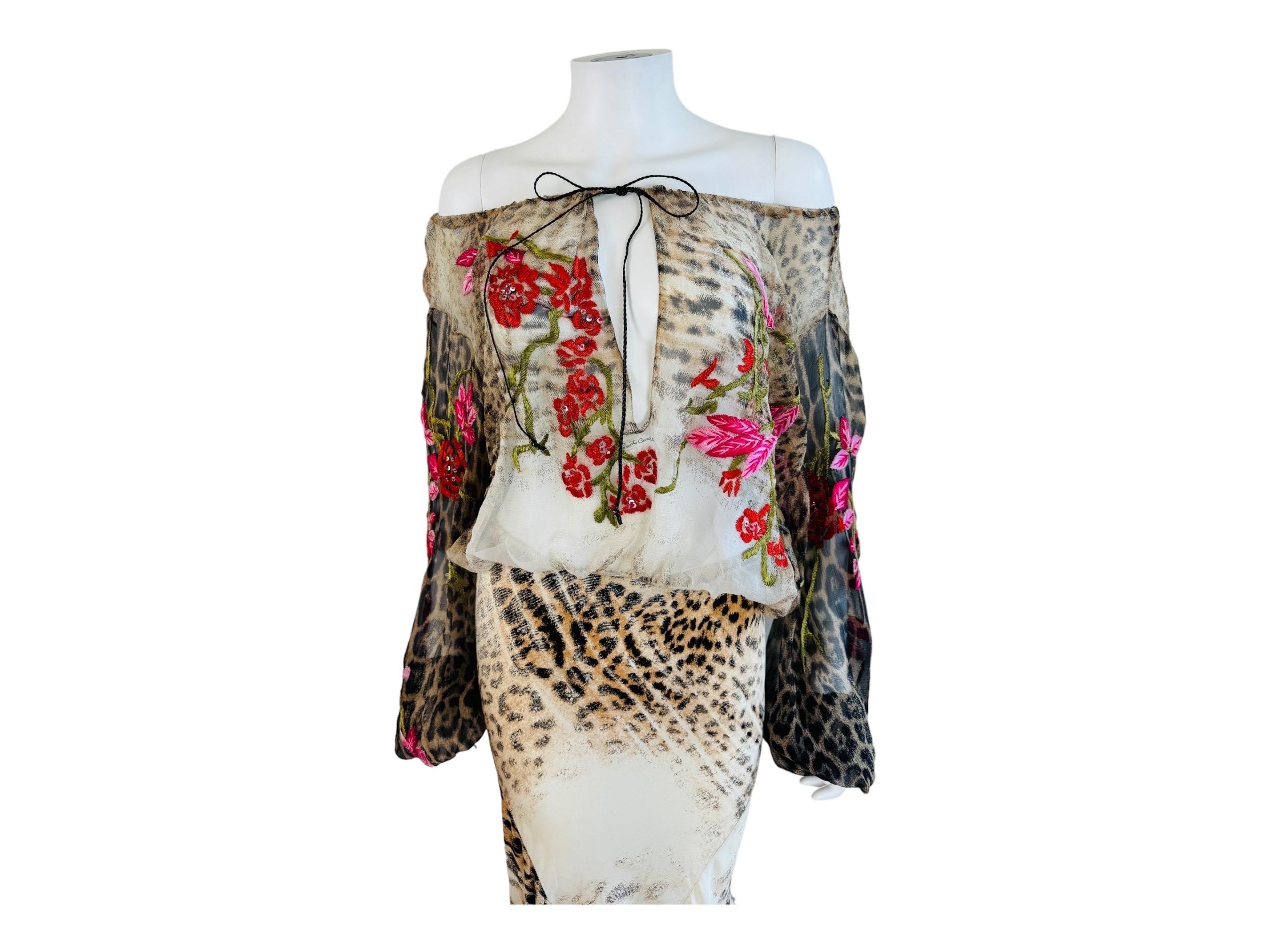 Vintage S/S 2002 Roberto Cavalli Leopard Floral Embroidery Silk Top + Skirt Set 7