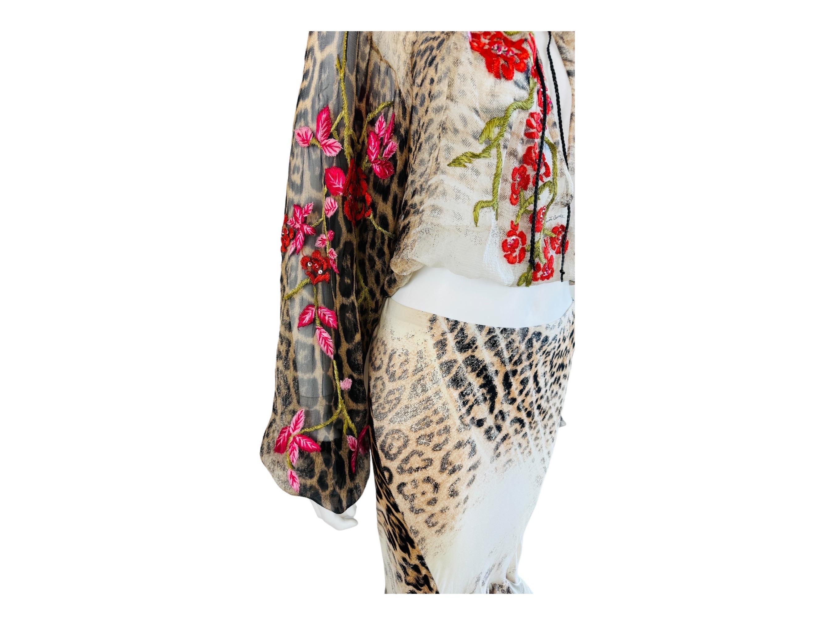 Vintage S/S 2002 Roberto Cavalli Leopard Floral Embroidery Silk Top + Skirt Set 8