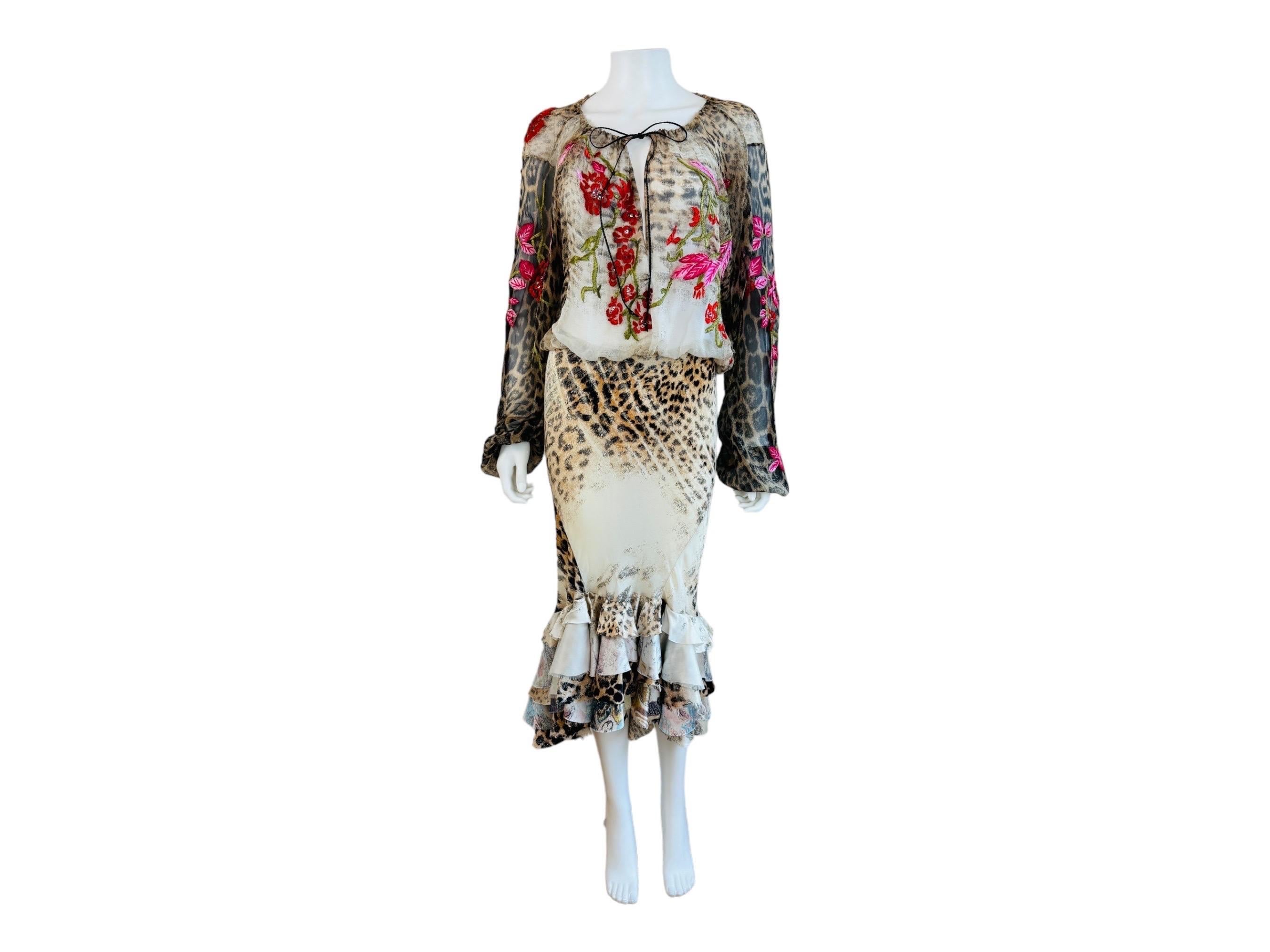 Vintage S/S 2002 Roberto Cavalli Leopard Floral Embroidery Silk Top + Skirt Set 9