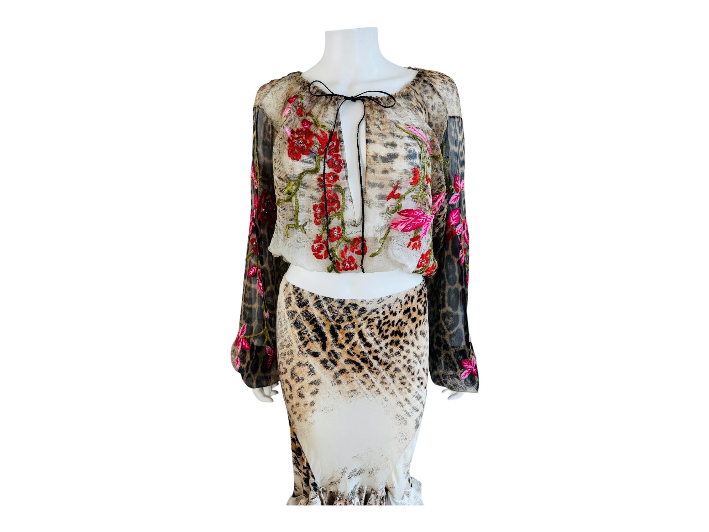Vintage S/S 2002 Roberto Cavalli Leopard Floral Embroidery Silk Top + Skirt Set 10