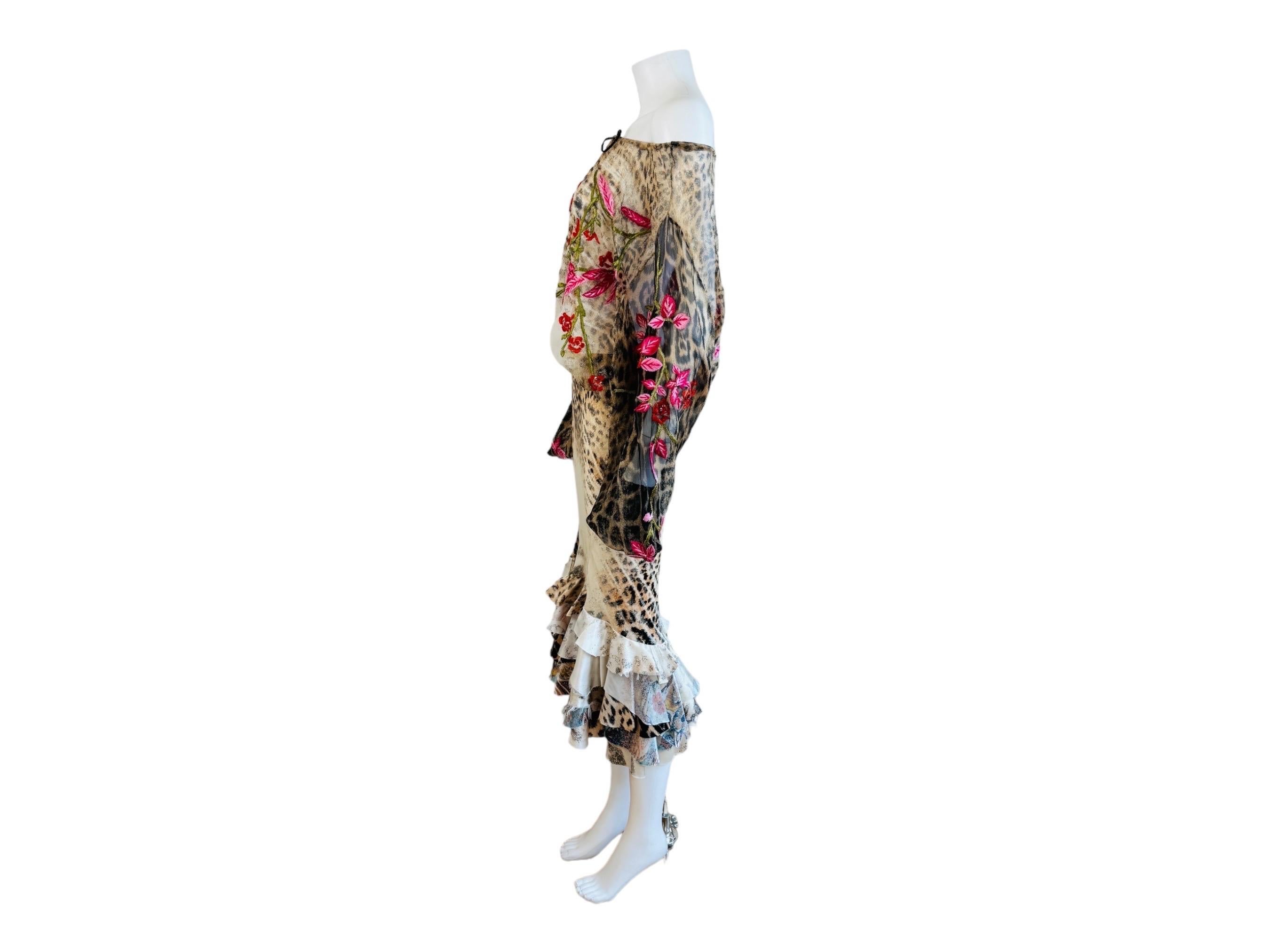 Vintage S/S 2002 Roberto Cavalli Leopard Floral Embroidery Silk Top + Skirt Set 11