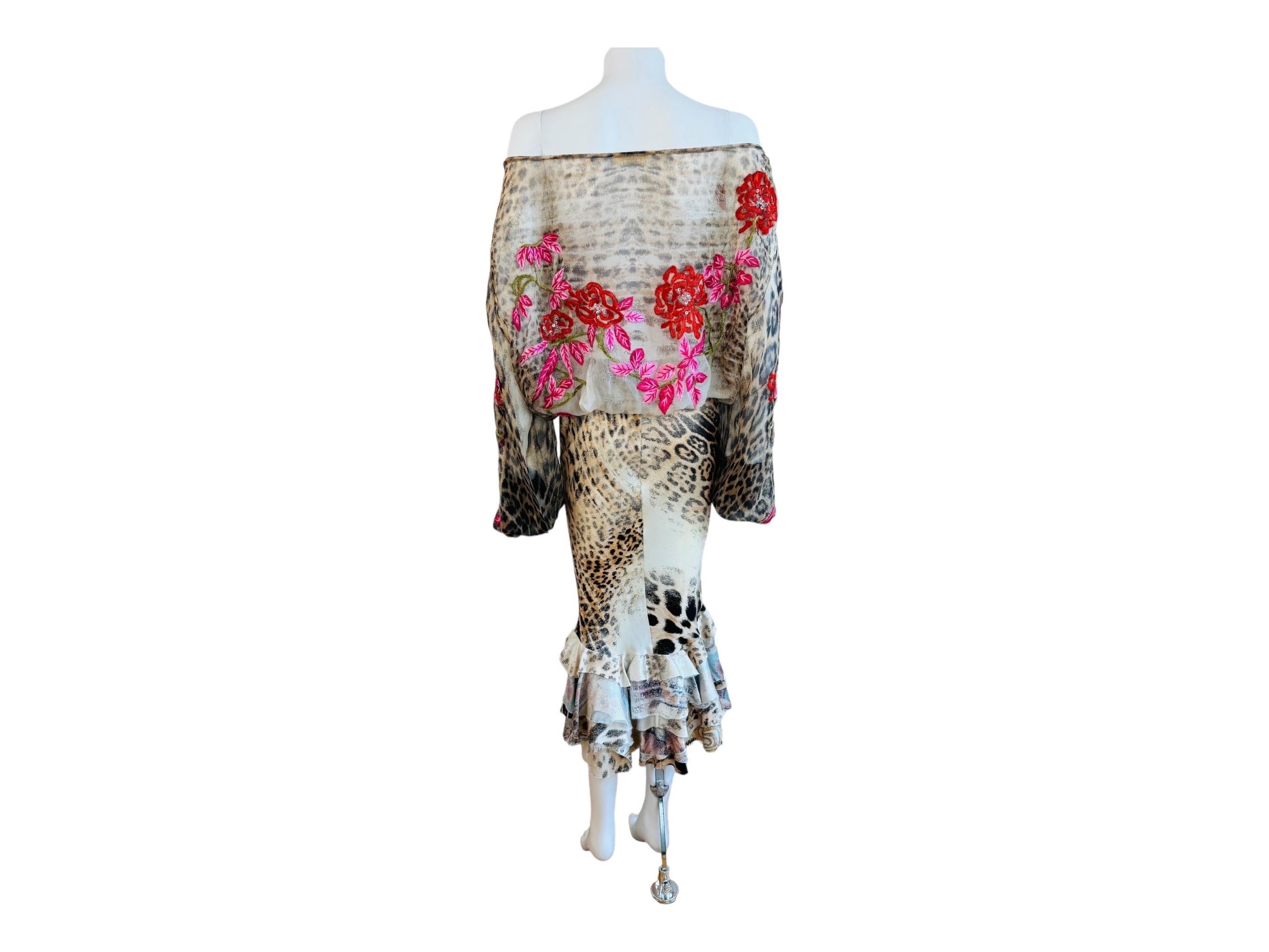 Vintage S/S 2002 Roberto Cavalli Leopard Floral Embroidery Silk Top + Skirt Set 12
