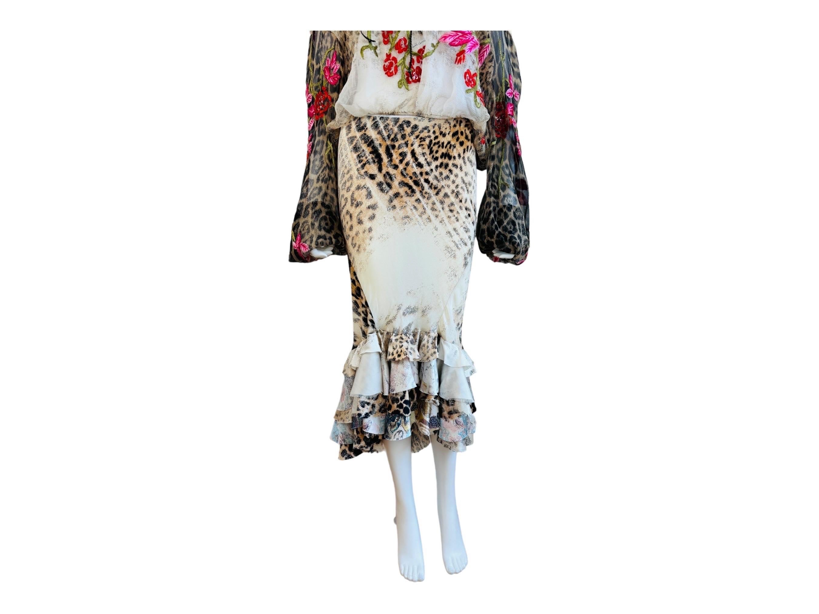 Vintage S/S 2002 Roberto Cavalli Leopard Floral Embroidery Silk Top + Skirt Set 13