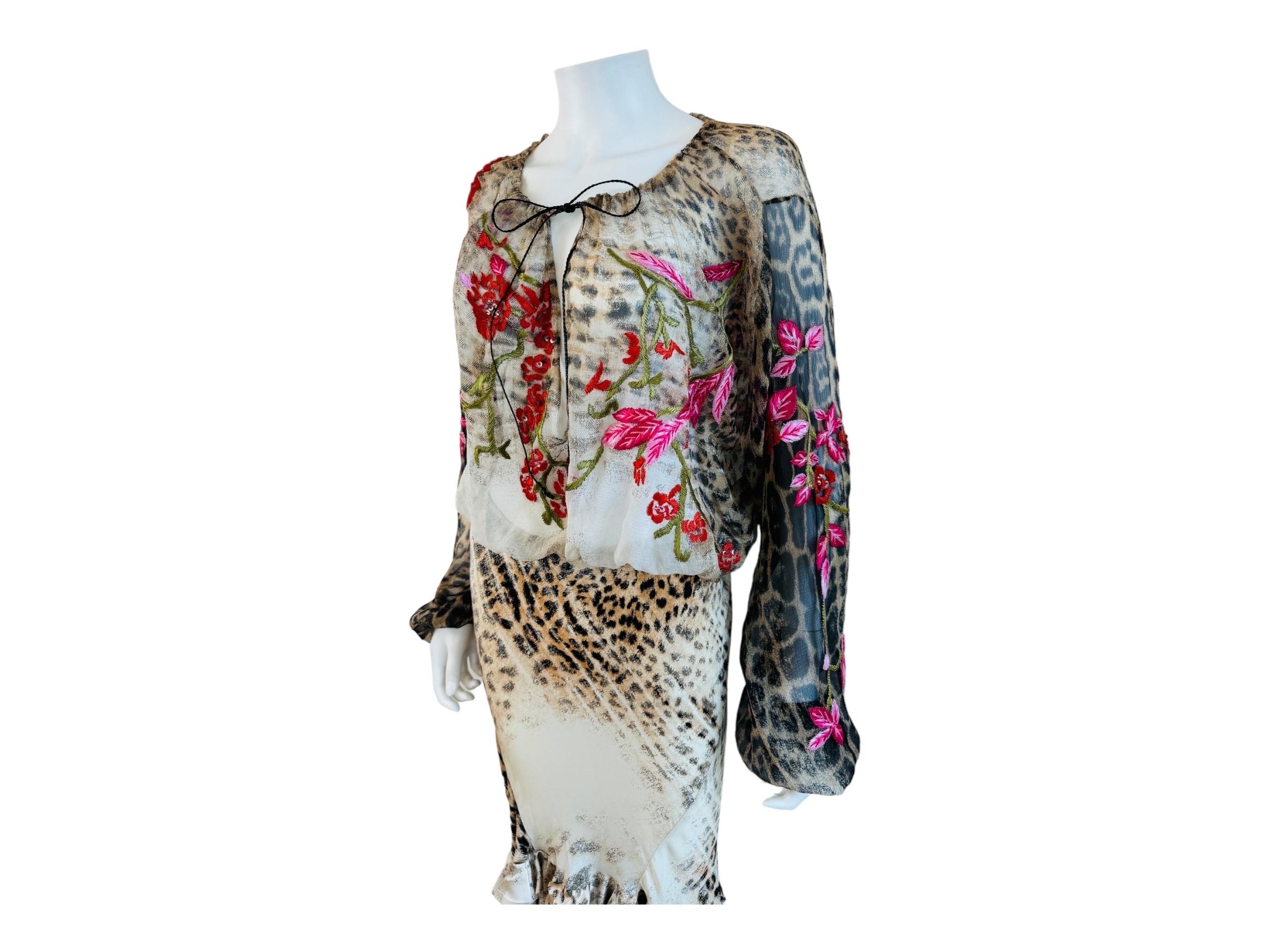 Vintage S/S 2002 Roberto Cavalli Leopard Floral Embroidery Silk Top + Skirt Set 14