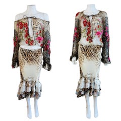 Vintage S/S 2002 Roberto Cavalli Leopard Floral Embroidery Silk Top + Skirt Set